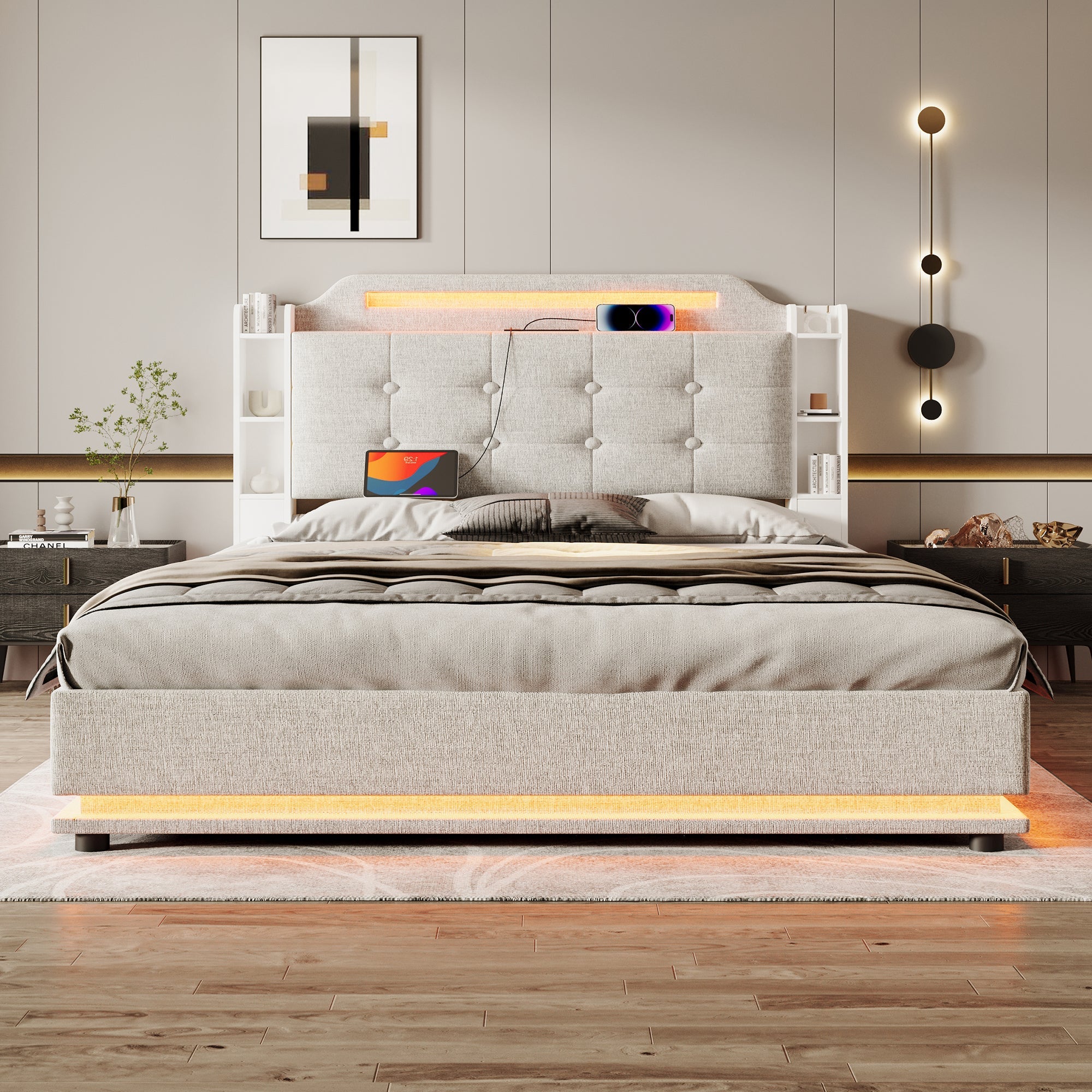 Logidon gestoffeerd bed 140x200 beige met LED lichtstrip en opbergruimte