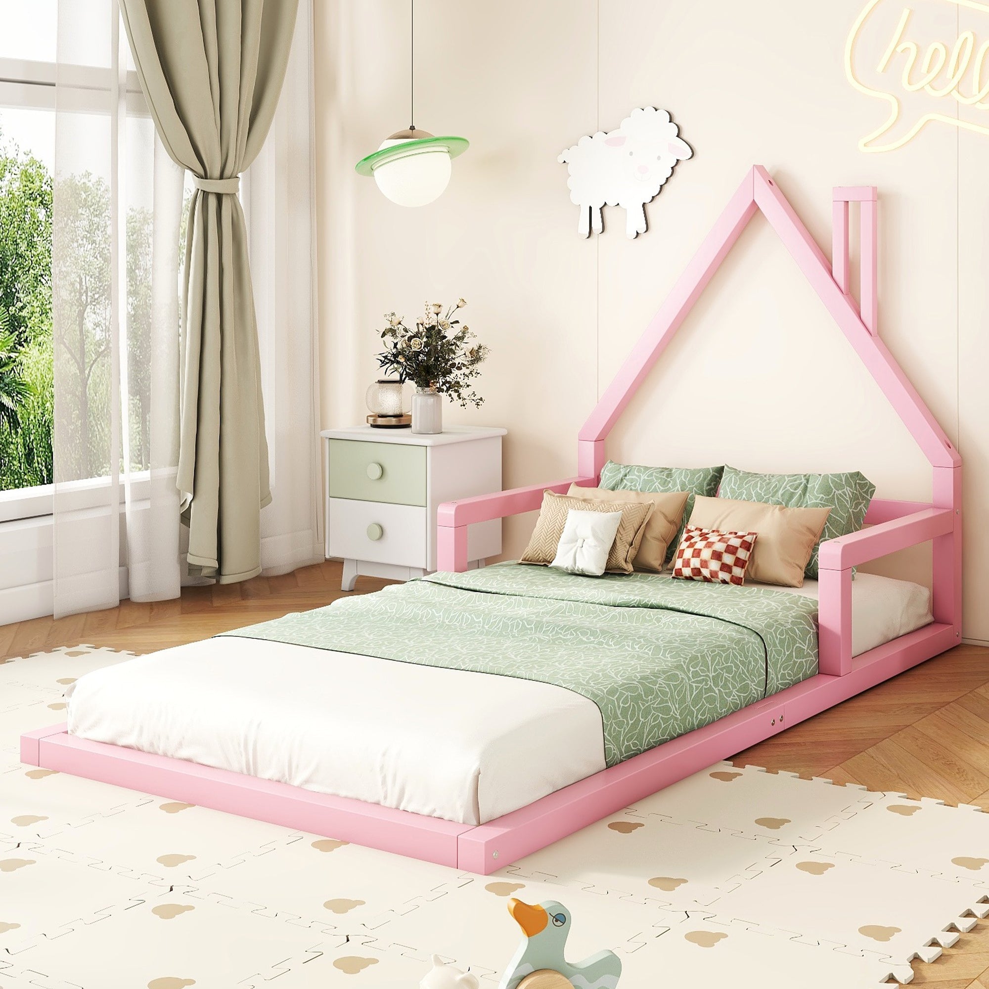 Logidon plat bed 90x200 huisvorm roze massief grenenhout
