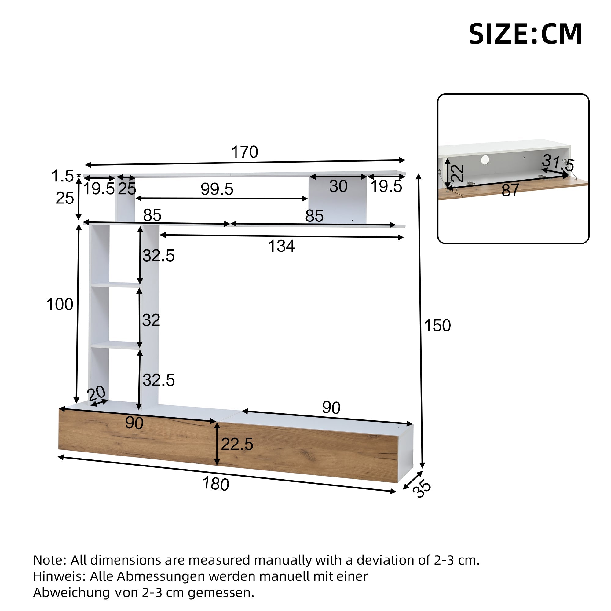 Logidon TV wandmeubel 180 cm wit houtlook met vitrinekasten