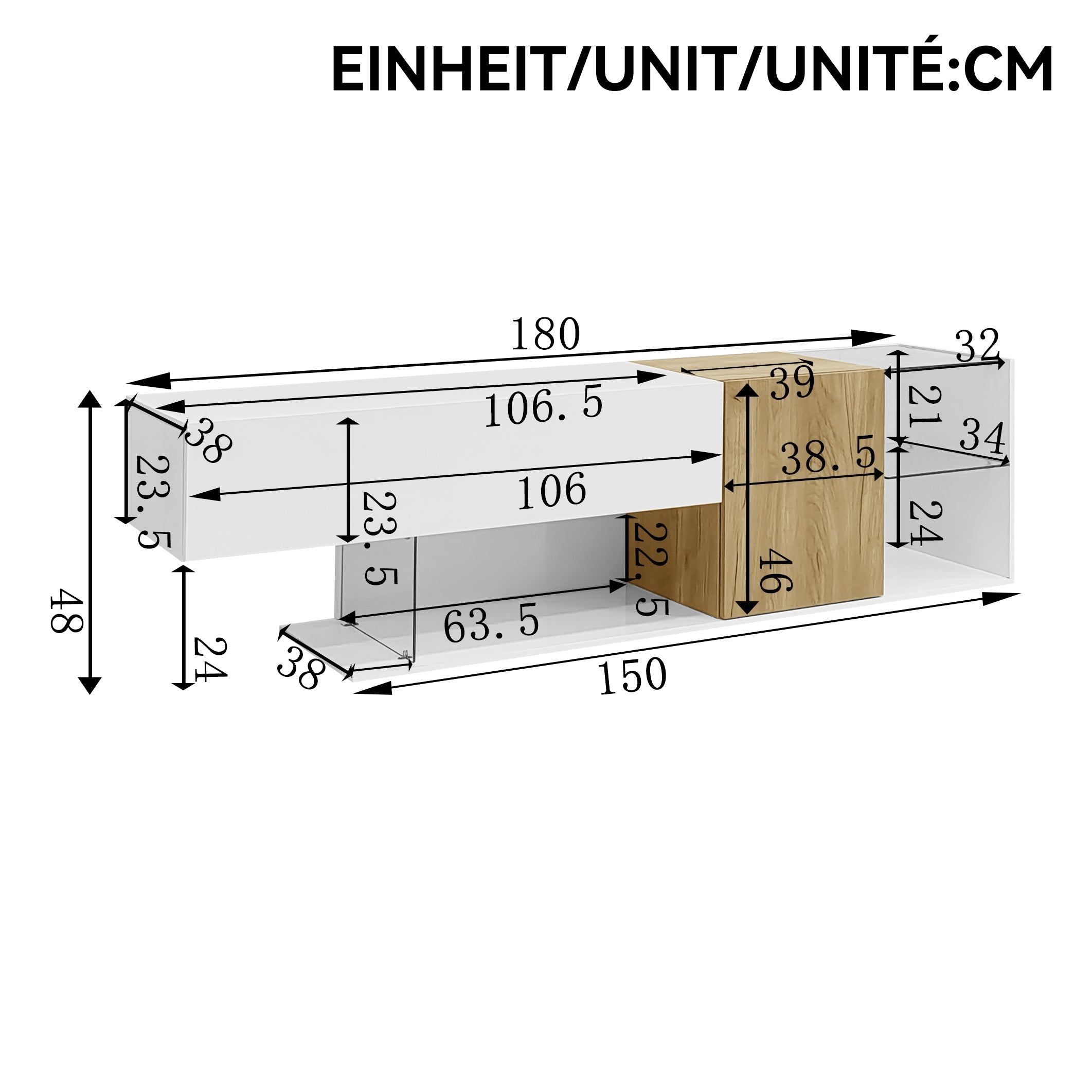Logidon Modern TV-dressoir Wit Hoogglans Houtlook Glazen Planken 180cm