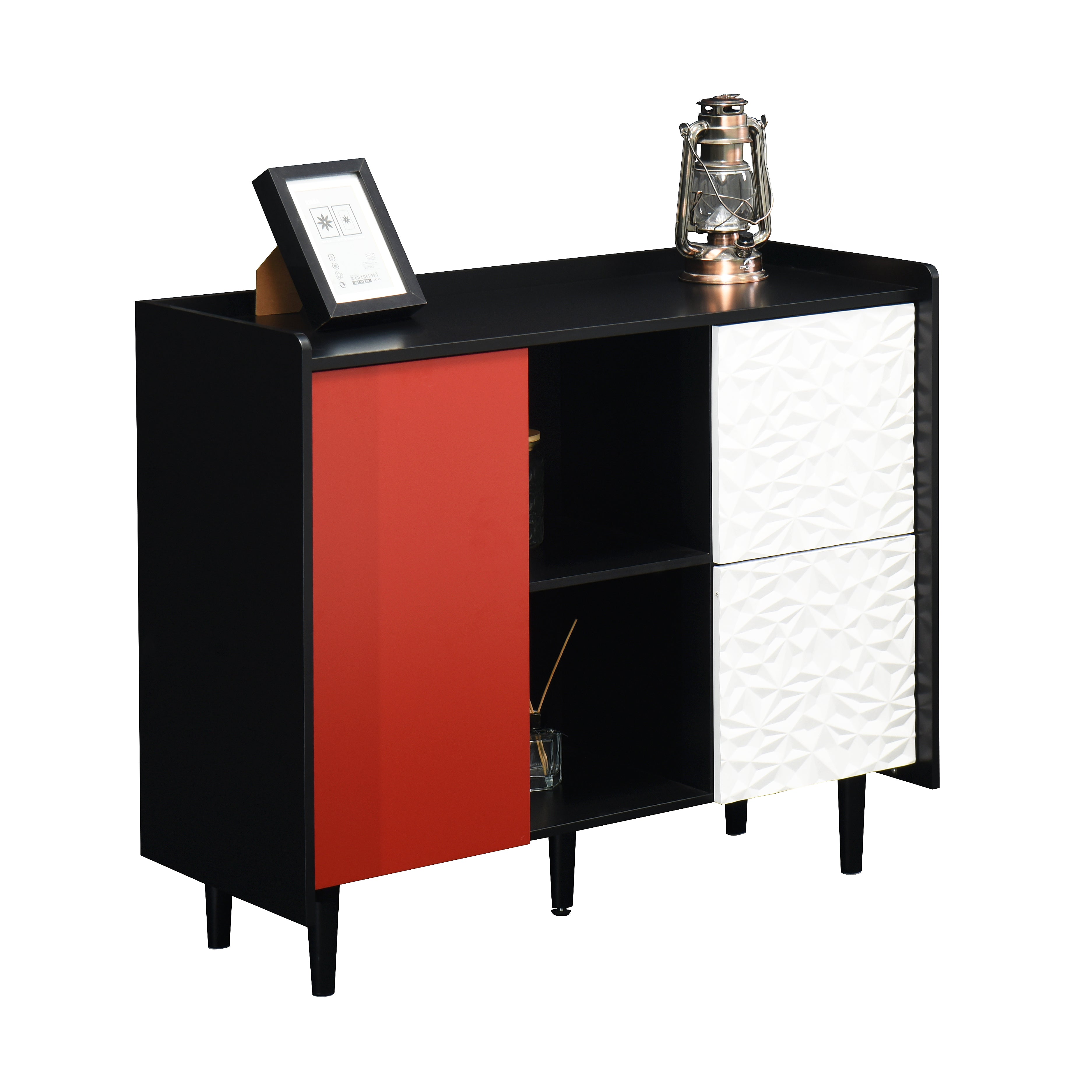 Logidon Dressoir Zwart Met Rode Deuren 2 Lades 90x40x80 cm
