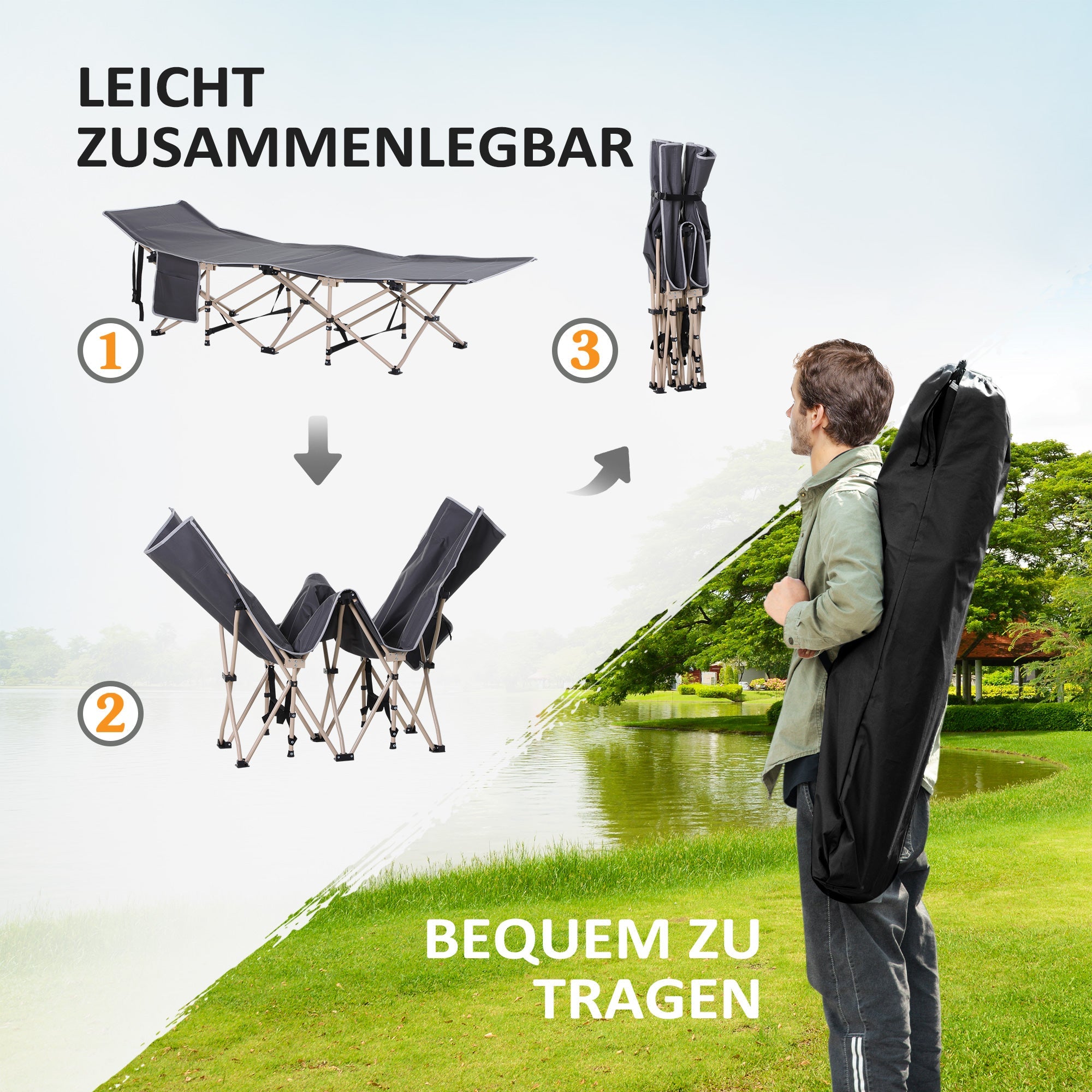 Logidon kampeerbed grijs opvouwbaar met opbergtas 190x68x52 cm