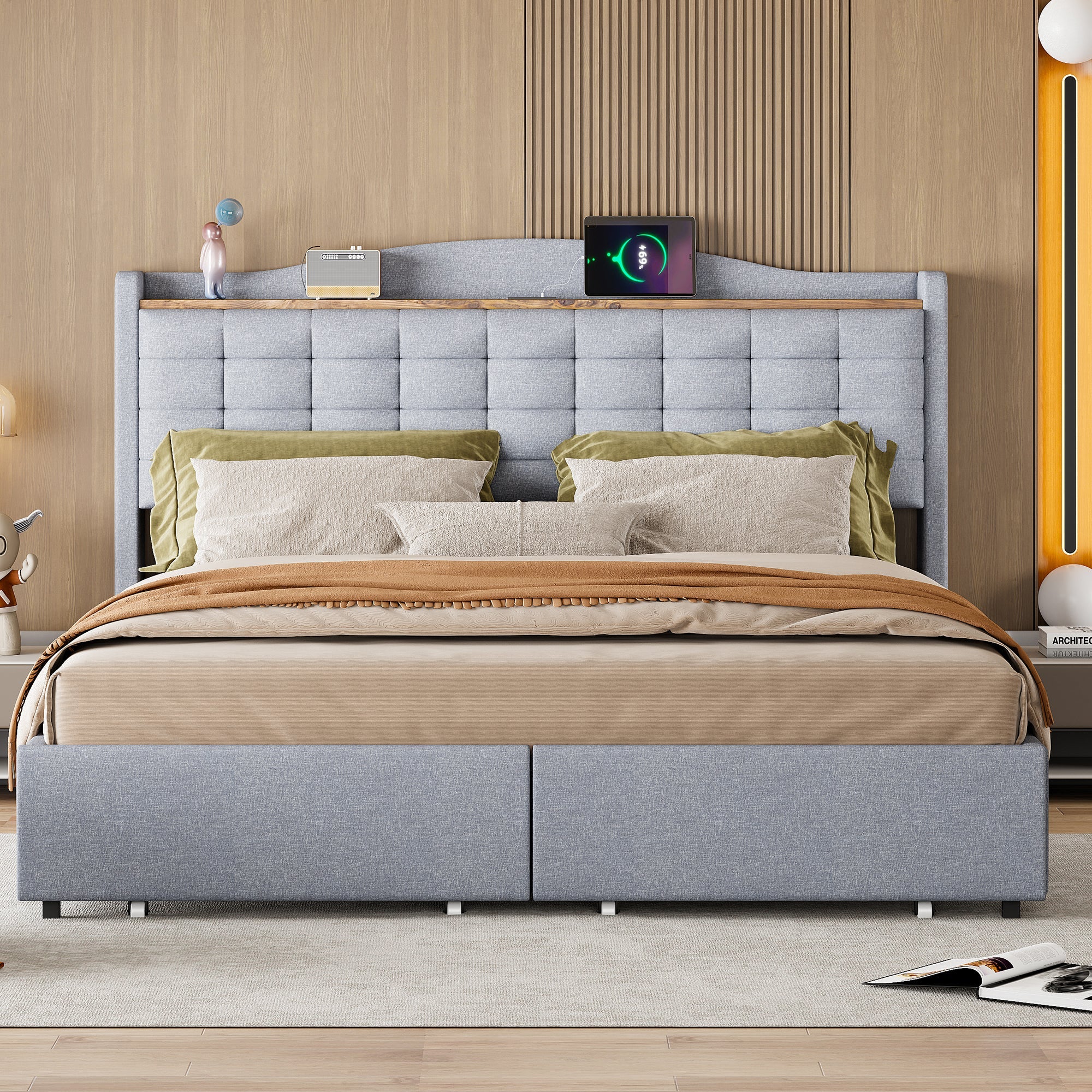 Logidon gestoffeerd bed 160x200 grijs USB-oplaadpoort