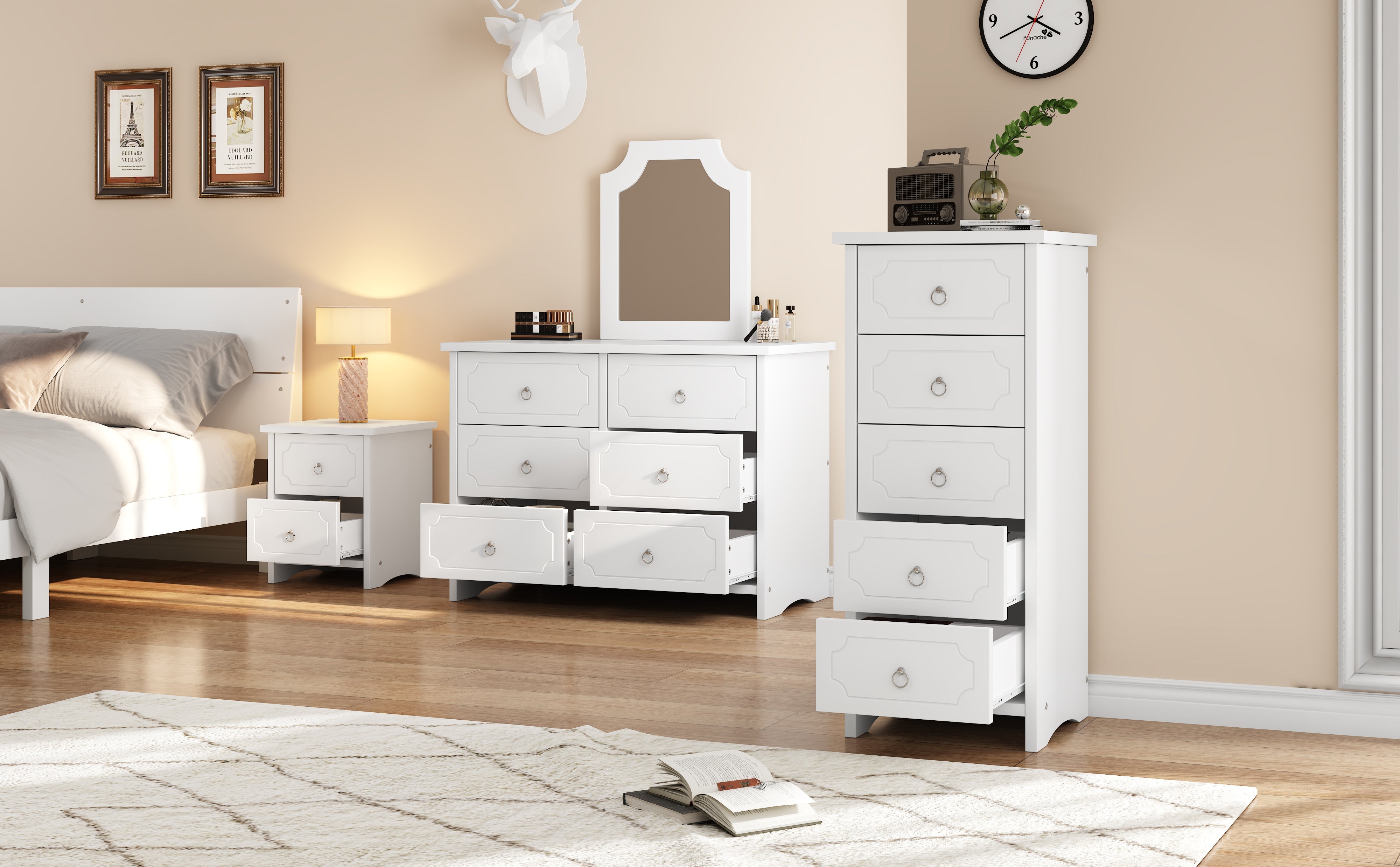 Logidon storage trio white bedside table mirror cabinet and 5 drawers