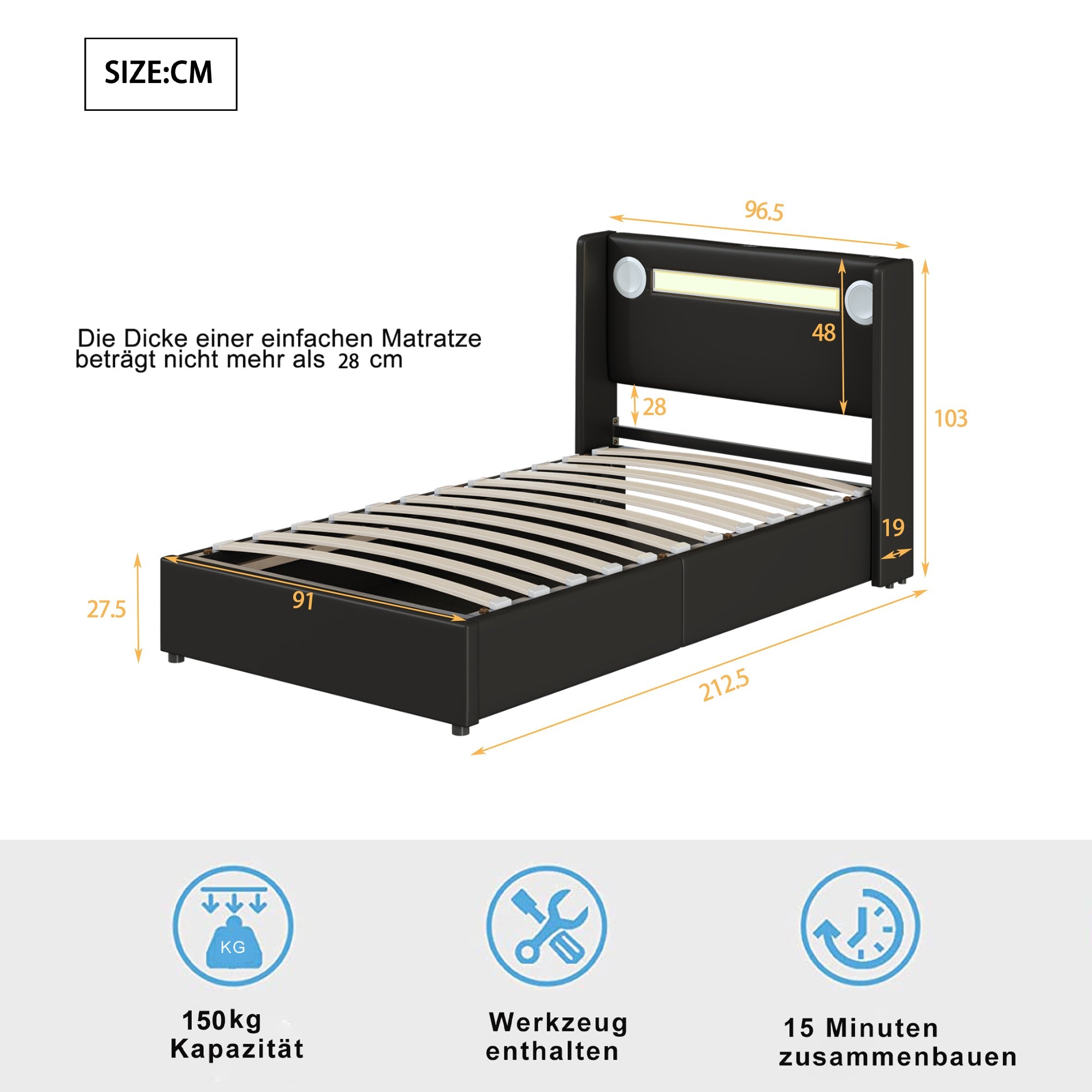 Logidon gestoffeerd bed 90x200 met LED lichtstrip Bluetooth USB zwart