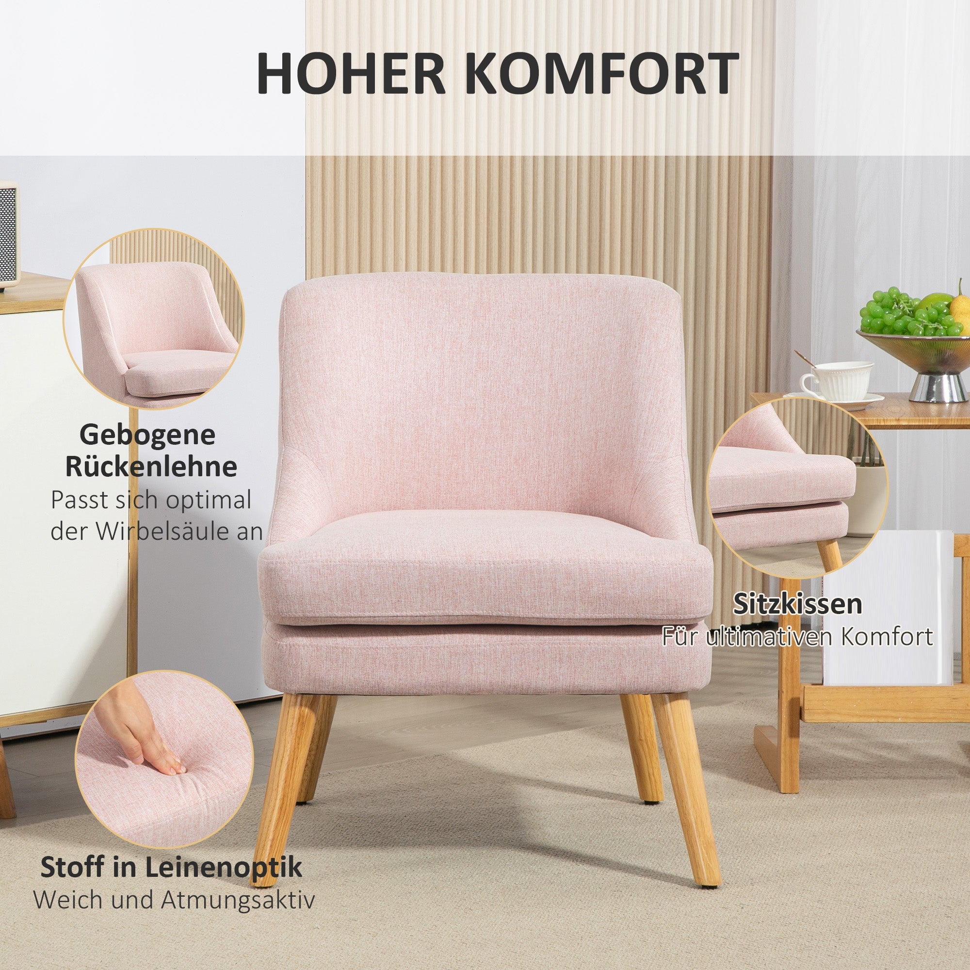 Logidon lounge chair pink linen look upholstered with wooden legs