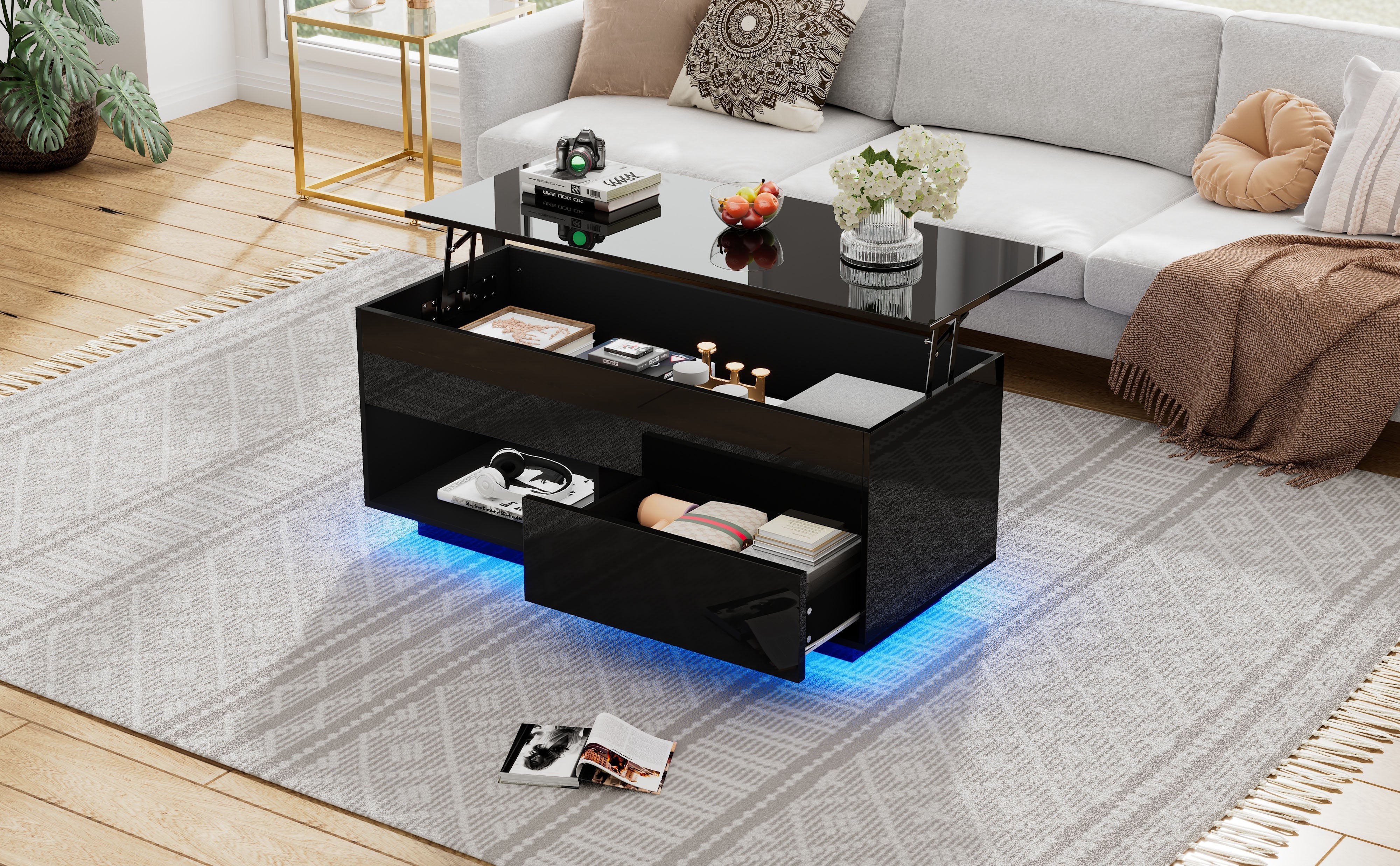Logidon hoogglans salontafel 100x50x55 cm zwart LED-verlichting