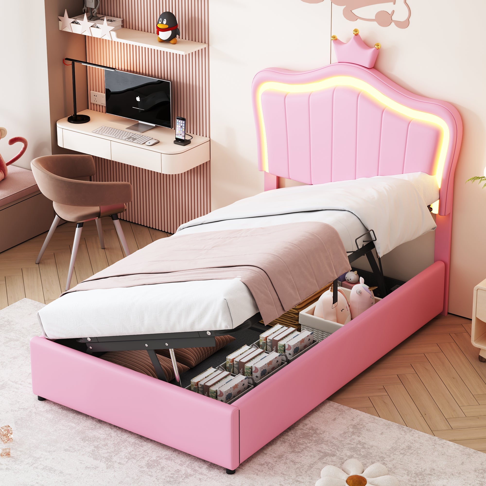 Logidon gestoffeerd bed 90x200 cm roze met kroondesign en LED