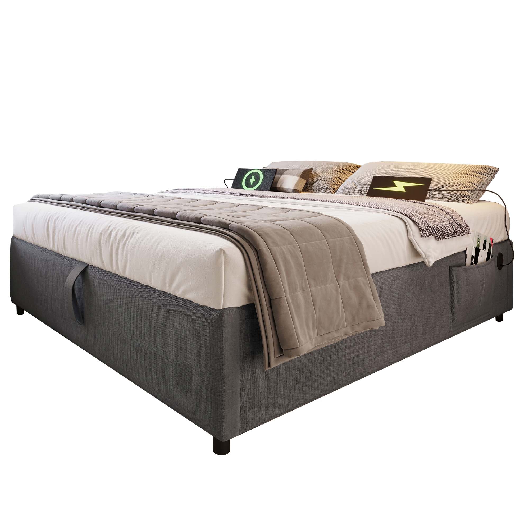Logidon upholstered bed 160x200 gray with USB C and full-surface slatted frame