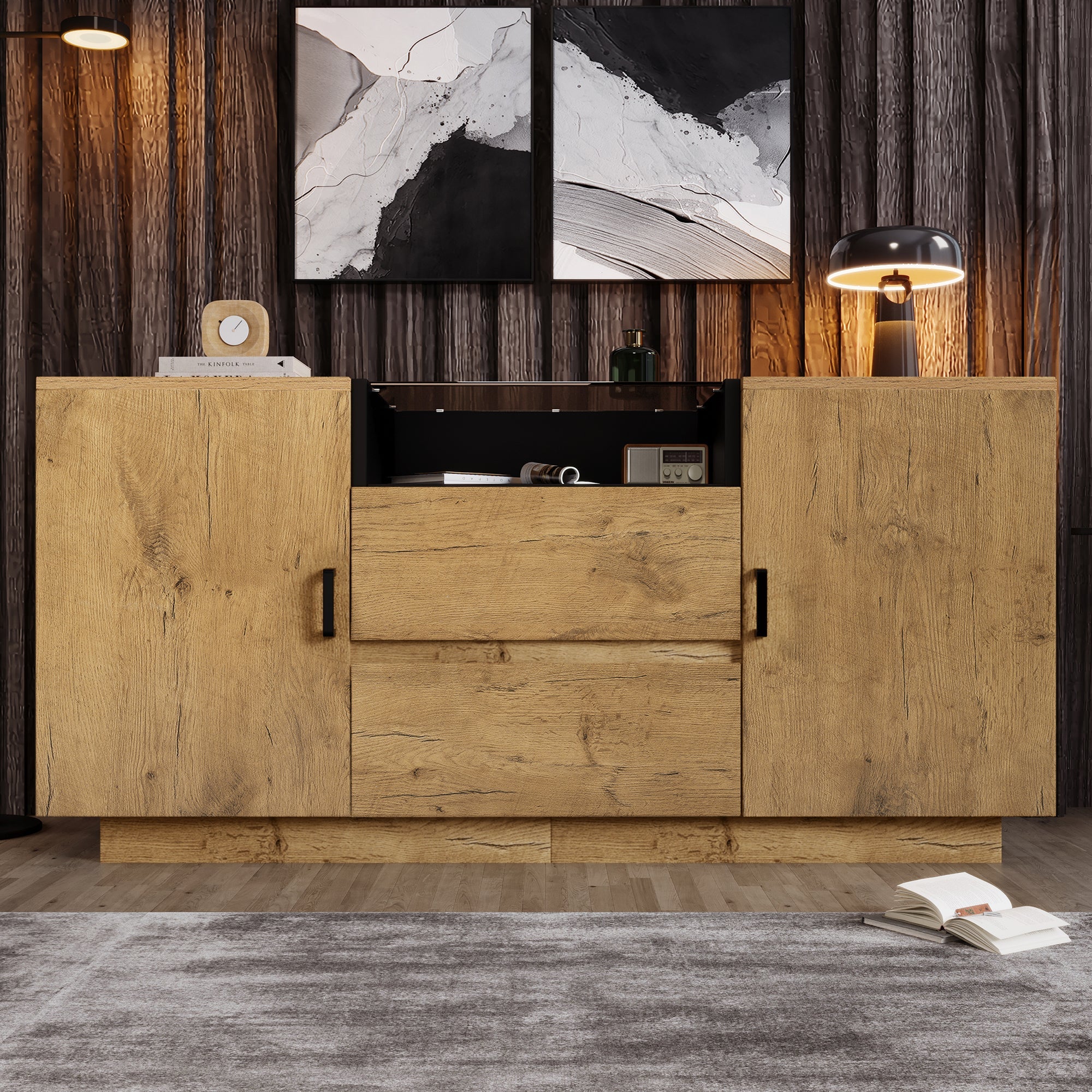 Logidon oak look chest of drawers sideboard 2 drawers 2 cupboards H70