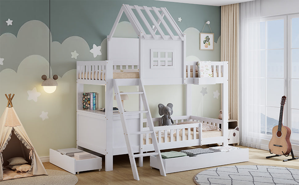 Logidon stapelbed 90x200 wit met dak, raam en 2 lades