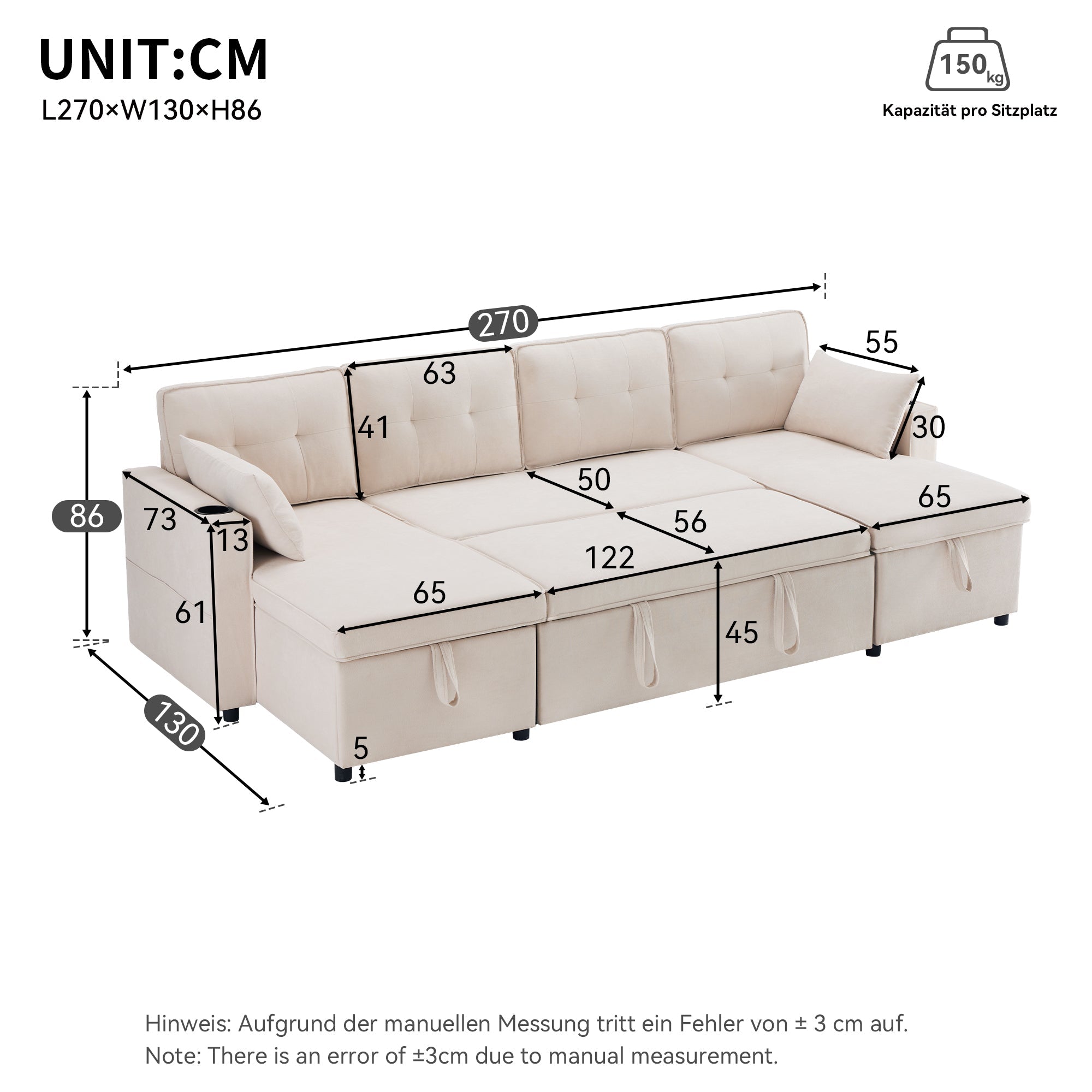 Logidon U-vormige slaapbank, beige stof, grote 4-zits bekerhouder