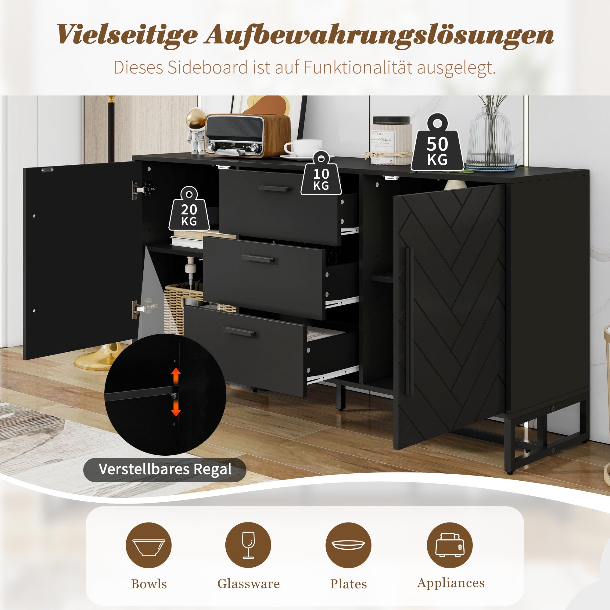 Logidon dressoir met visgraatmotief, 2 deuren en 3 lades