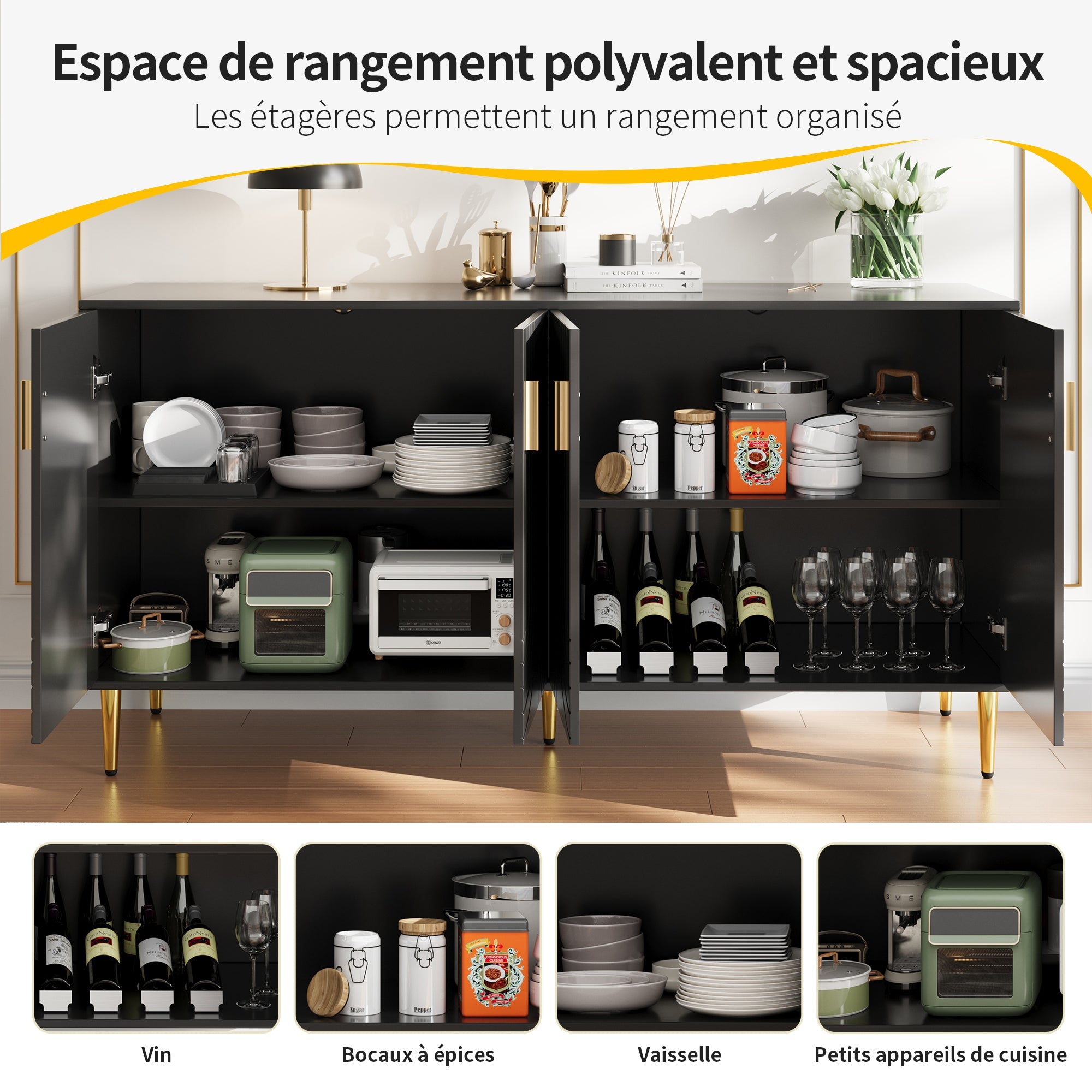 Logidon Zwart dressoir 152x40x75 cm golfdesign