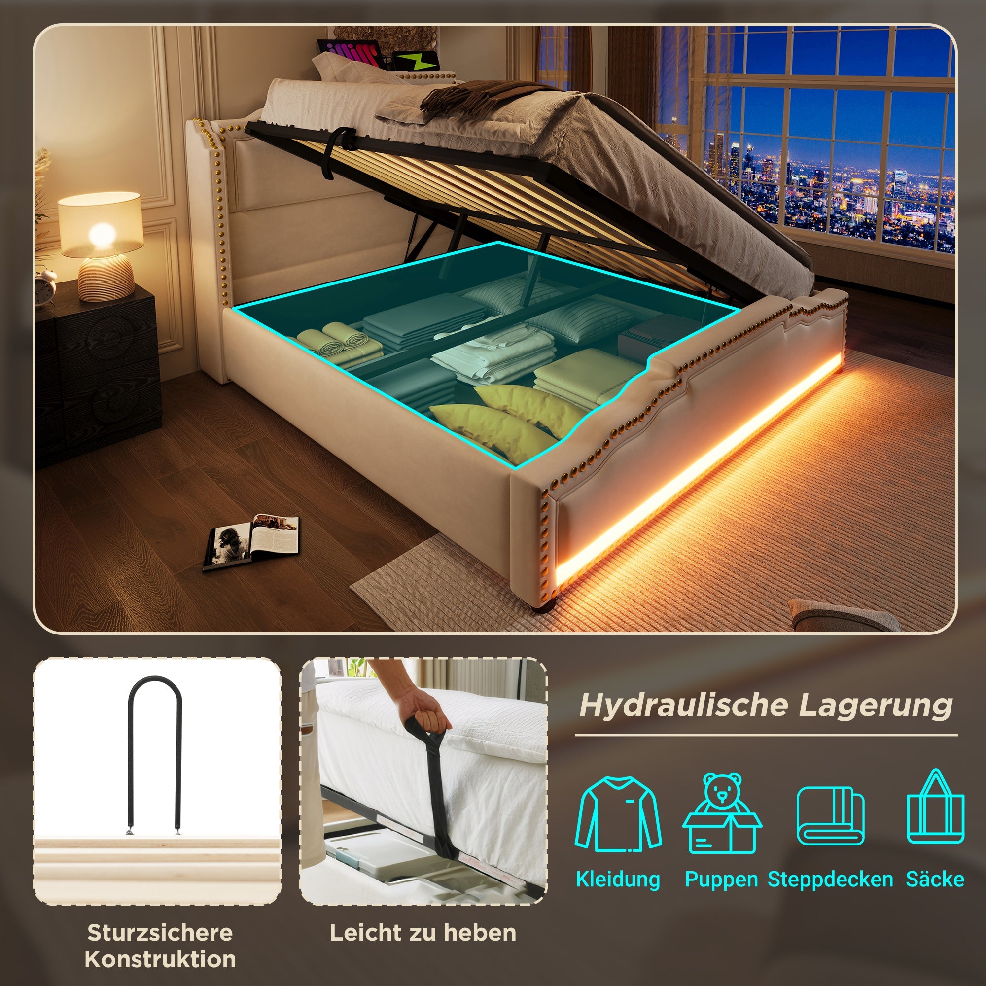 Logidon gestoffeerd bed 140x200 tweepersoonsbed hydraulische opbergruimte LED beige