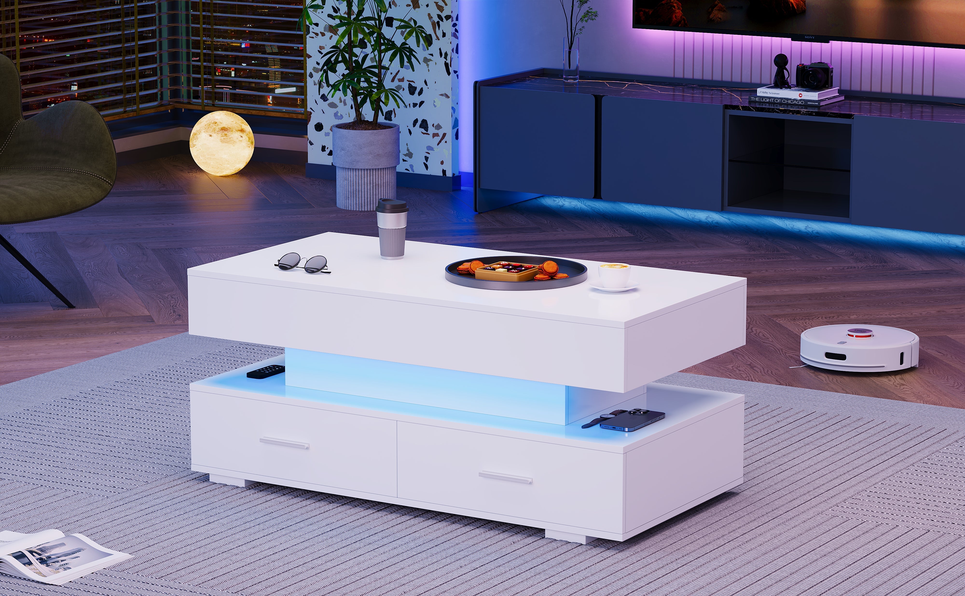 Logidon Hydraulisch in hoogte verstelbare salontafel 100x50x44 cm Wit LED