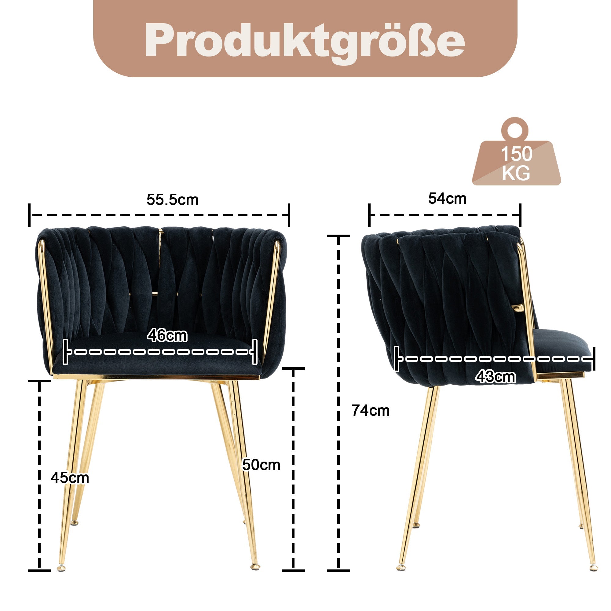 Logidon Velvet Eetkamerstoel Set van 2 Zwart Gouden Poten Handgeweven