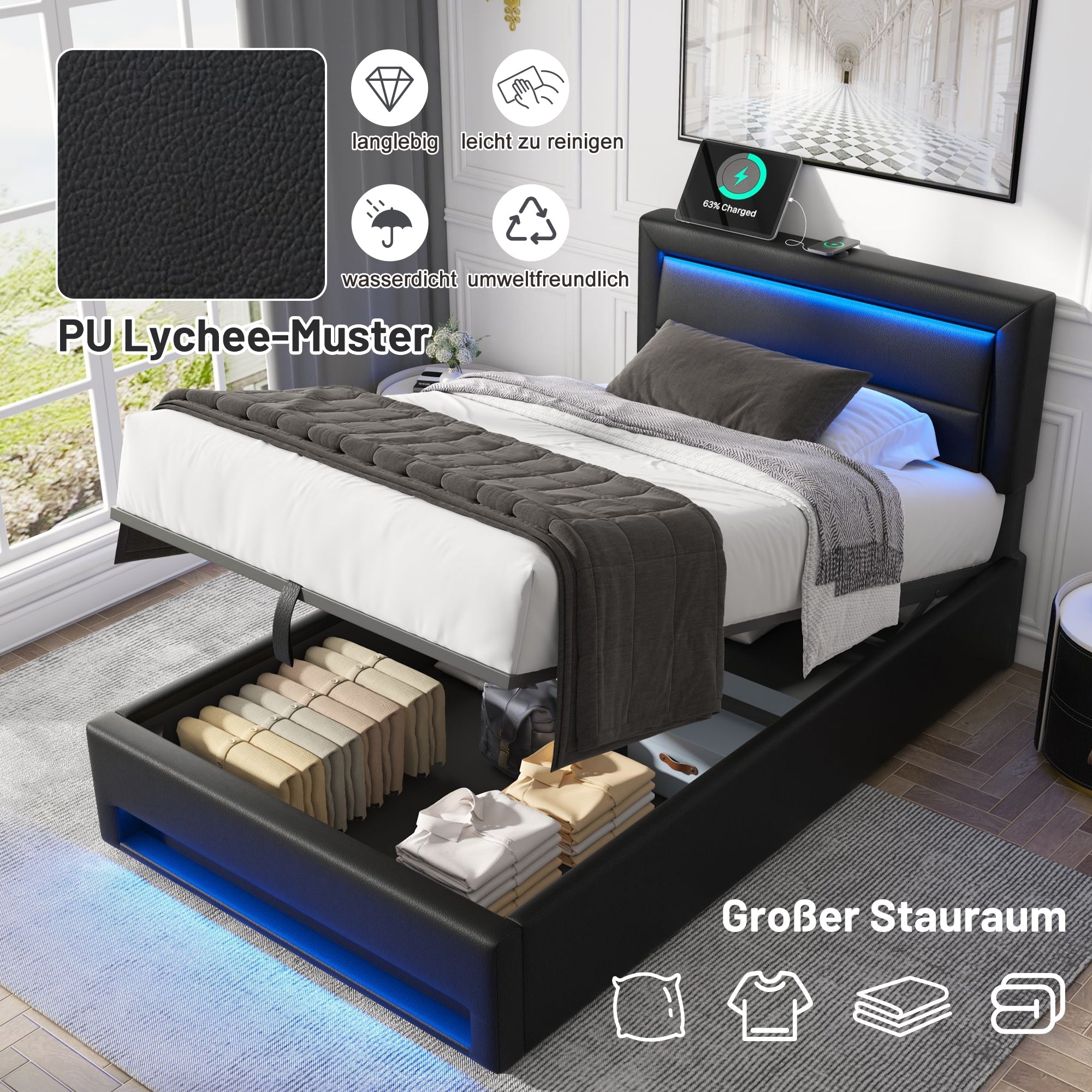 Logidon upholstered bed 90x190 cm black USB charging port LED storage space