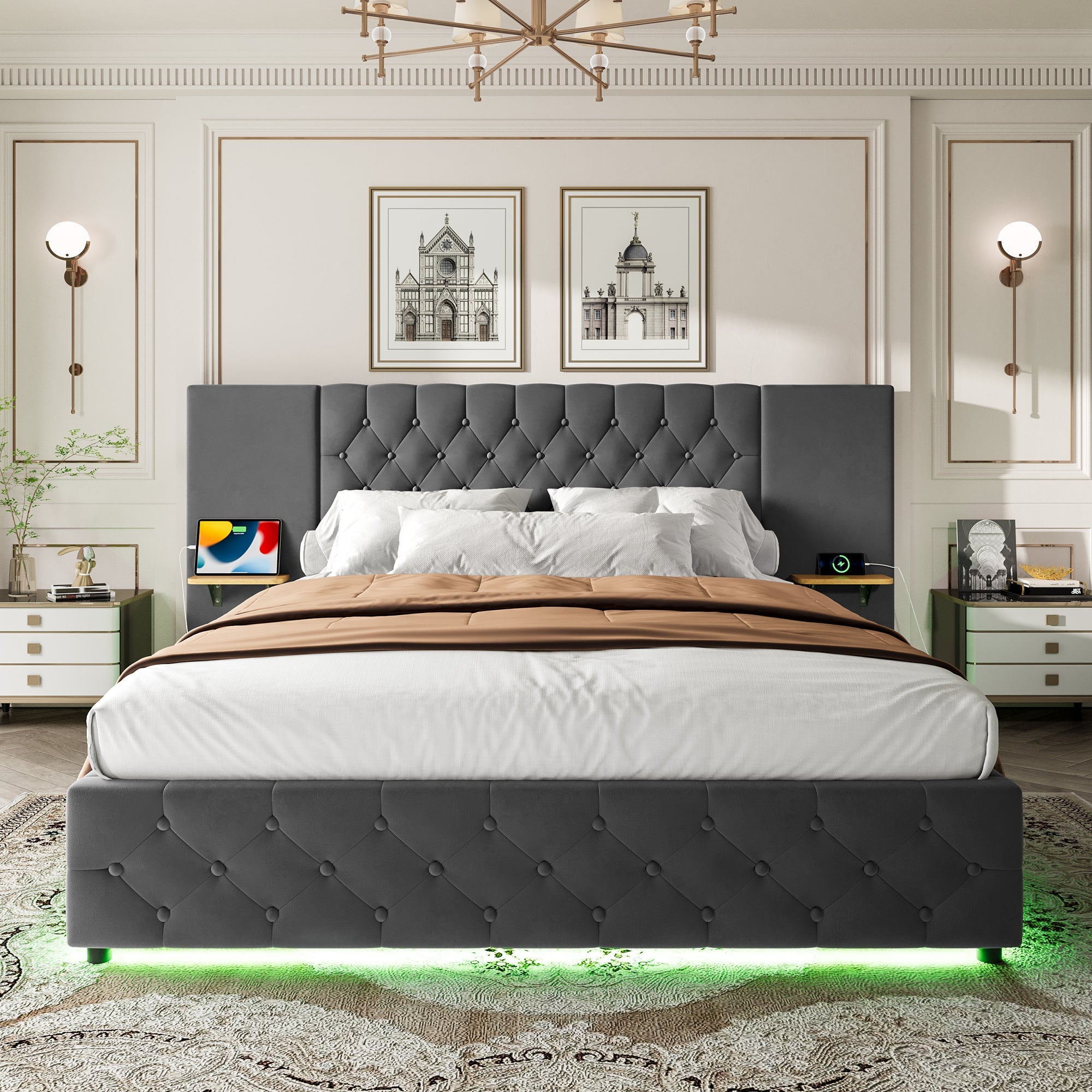 Logidon bedframe 140x200 cm grijs fluweel breed hoofdbord LED
