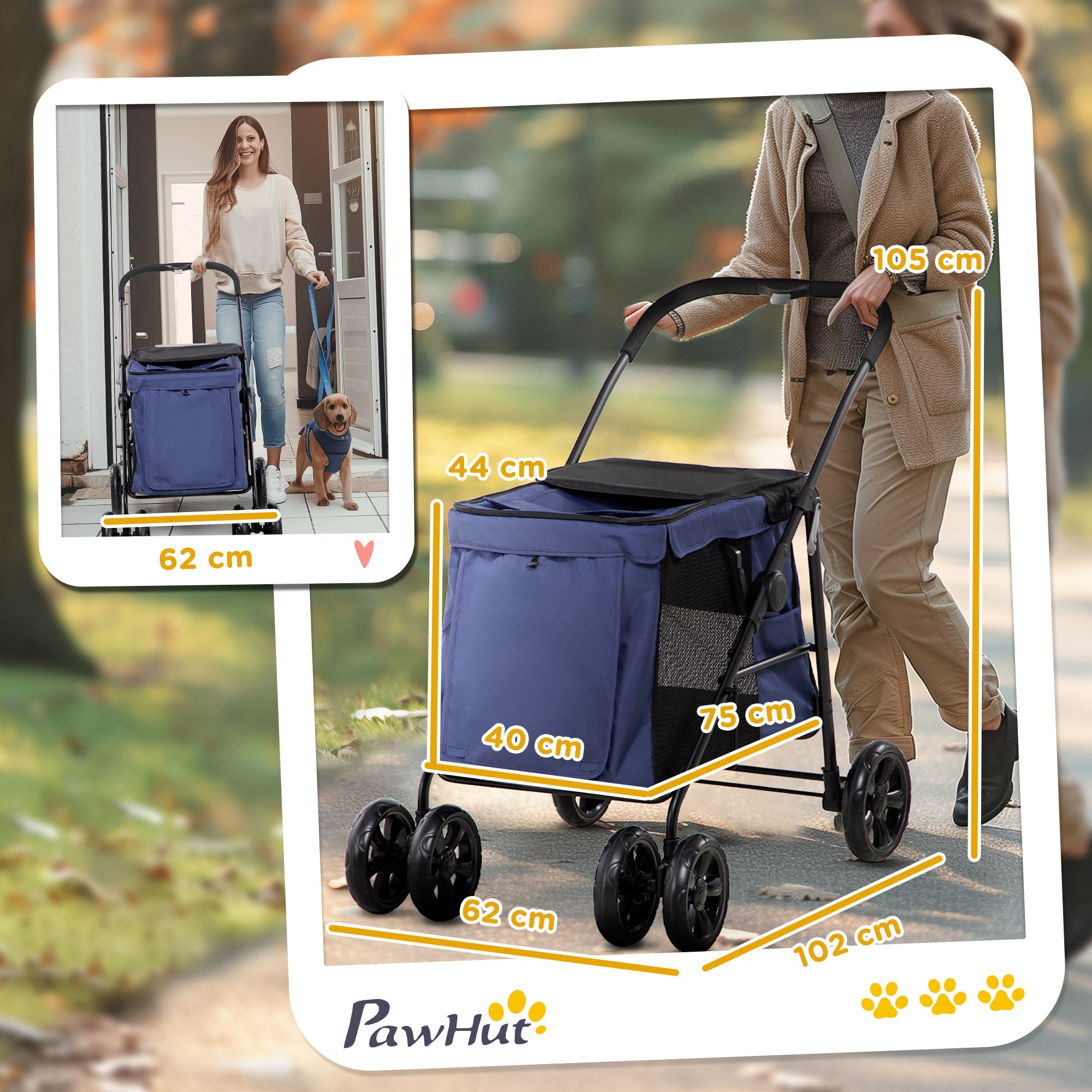 Logidon Hondenbuggy Blauw Opvouwbare Trolley met Kussen en Zijvakken
