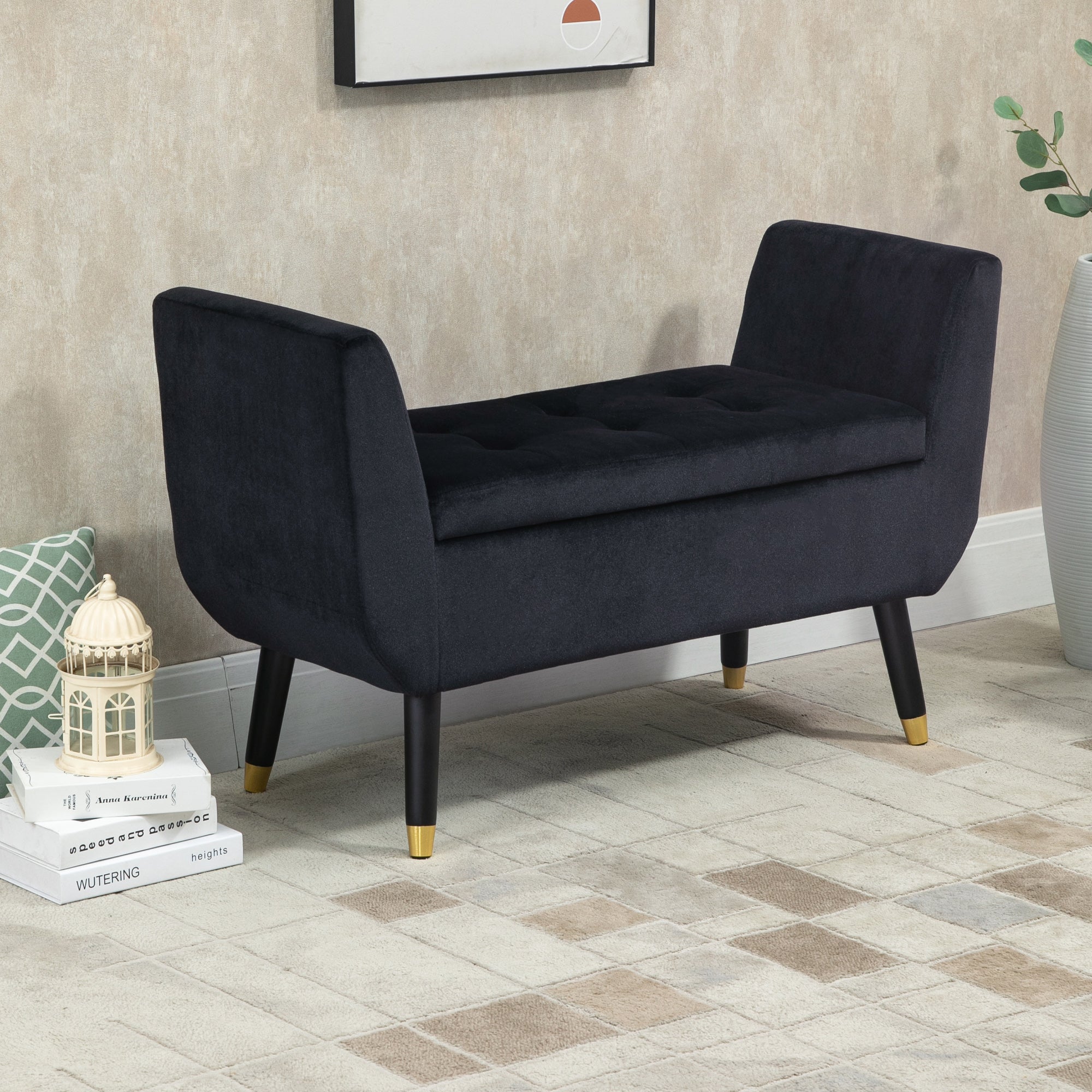 Logidon luxe bank met opbergruimte fluweel zwart 107x42x65 cm