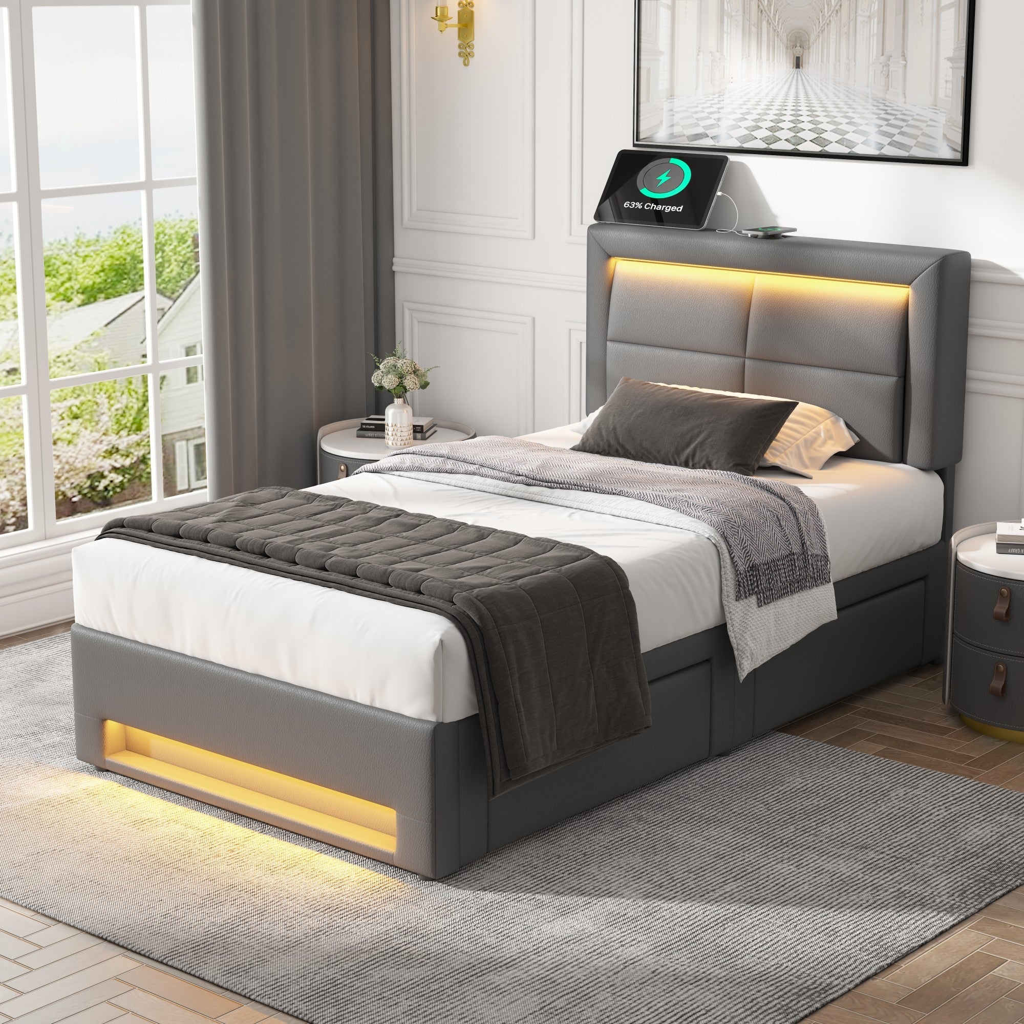 Logidon upholstered bed 90x190 cm gray with USB LED and 4 drawers