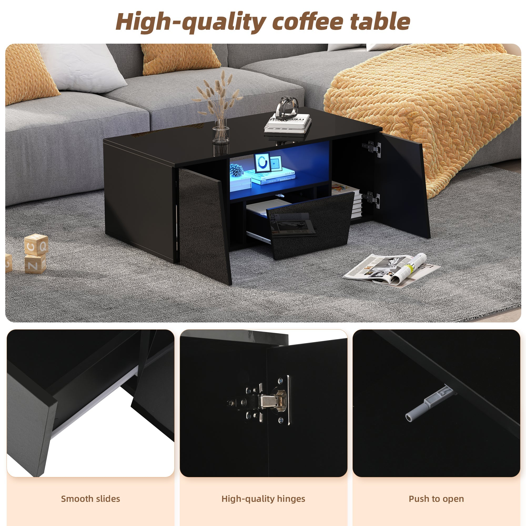 Logidon coffee table 100x50x40 cm black with LED 2 cabinets 1 drawer