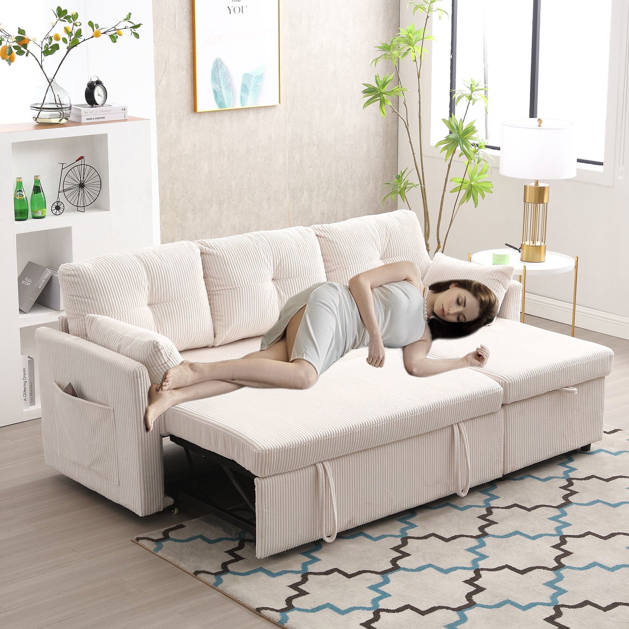 Logidon sofa bed with storage space and pull-out bed beige velvet cover