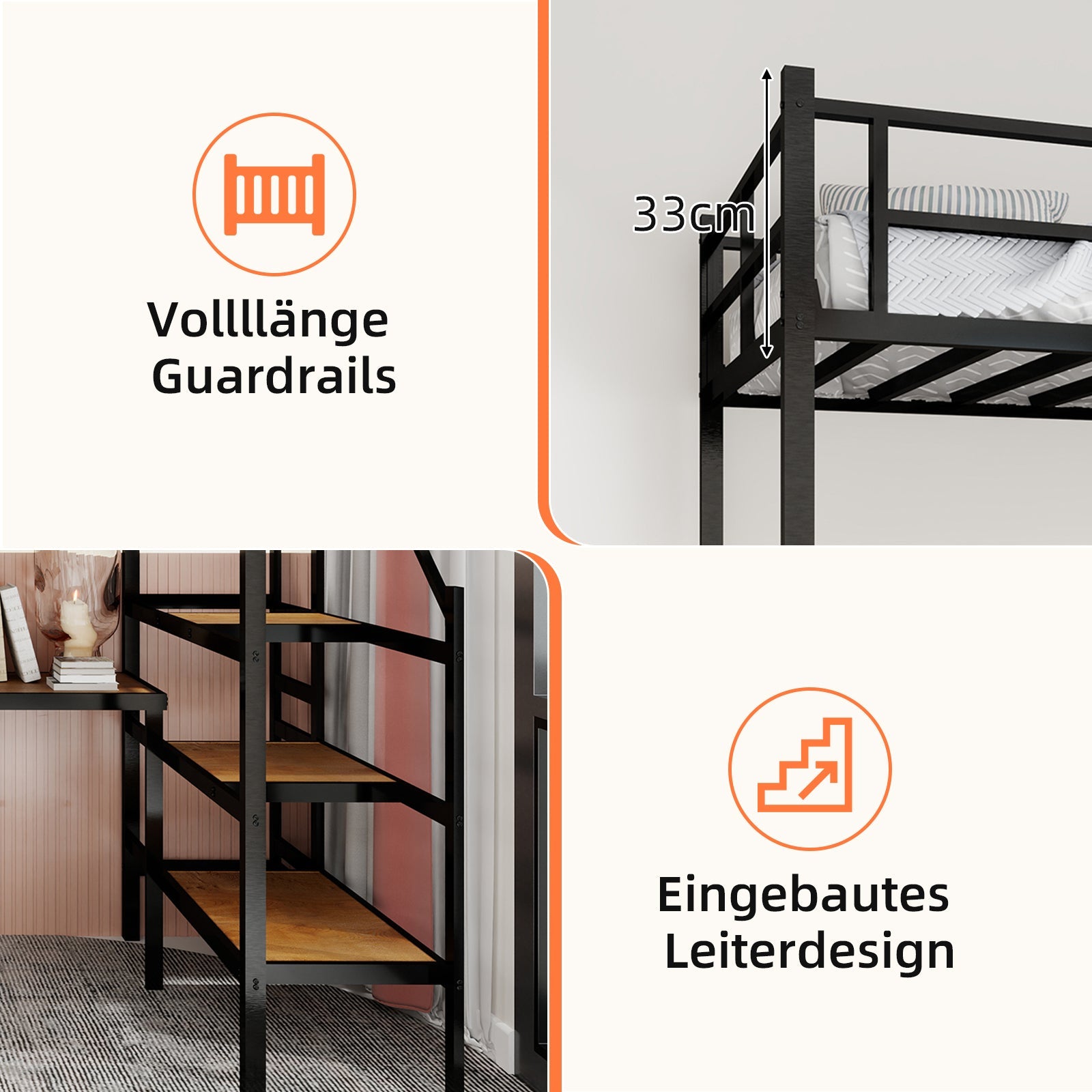 Logidon hoogslaper met L-bureau en opbergruimte zwart eenpersoonsbed