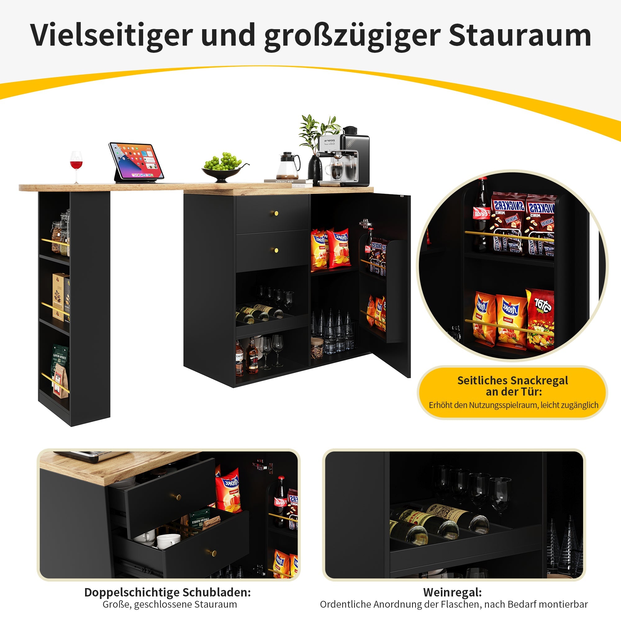 Logidon 360° draaibare bartafel 138 cm zwart met 2 lades
