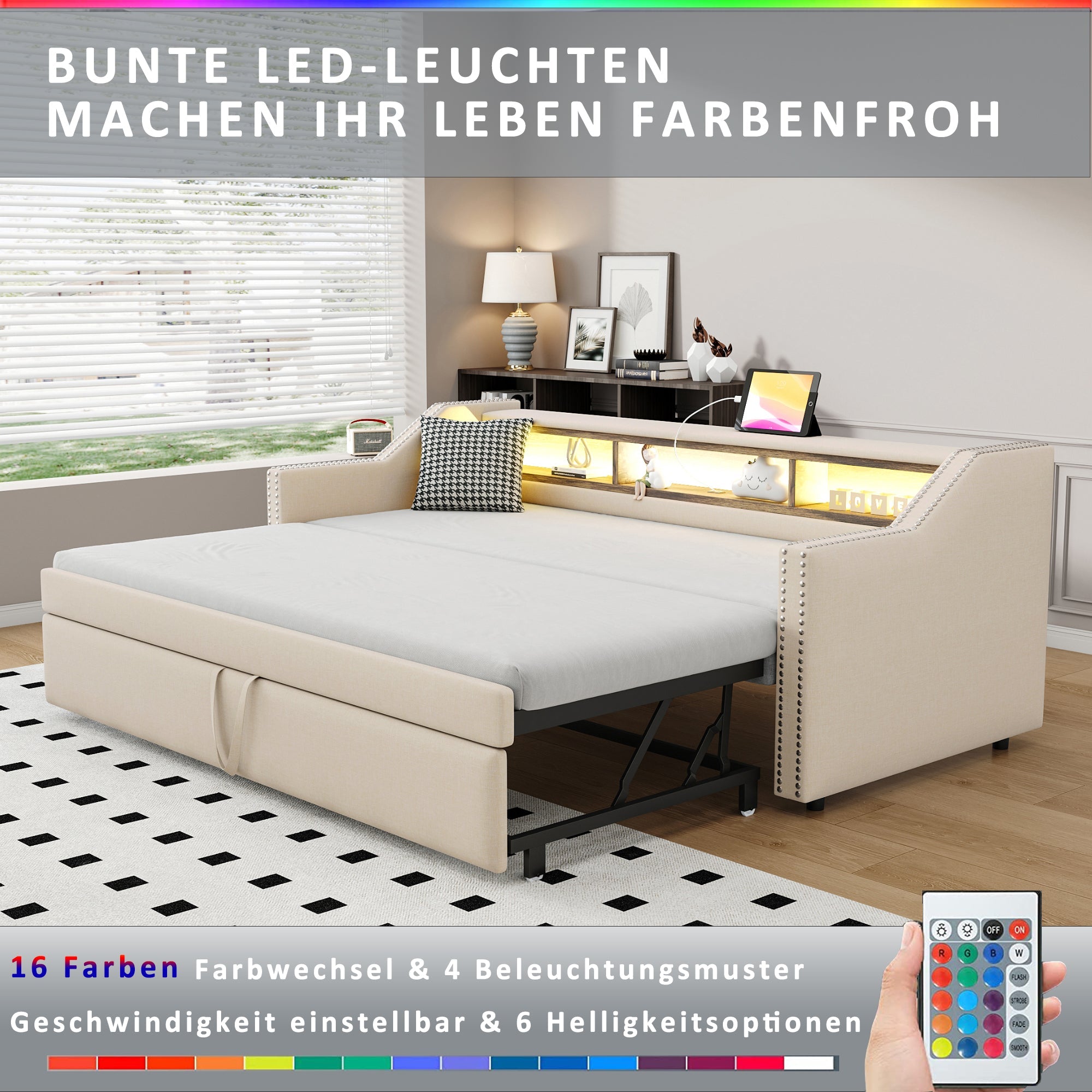 Logidon Upholstered Bed Extendable Sofa Bed 90/180 X 190 Beige Storage Compartment