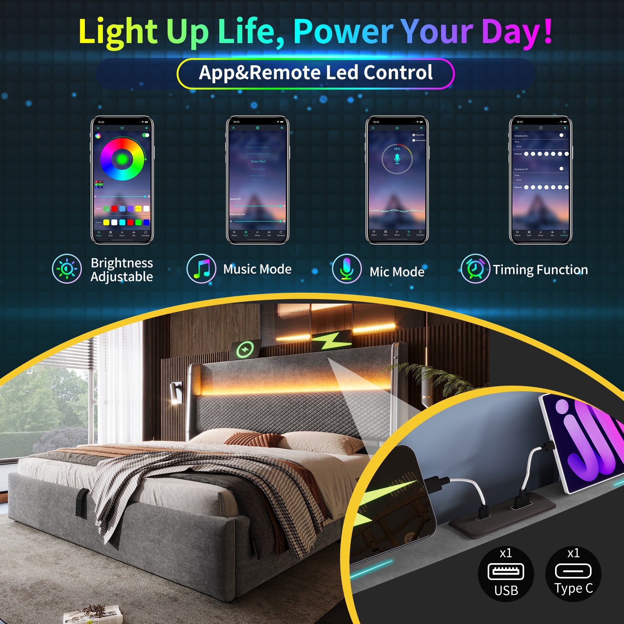 Logidon hydraulisch bed 90x200 grijs linnenlook met opbergruimte LED