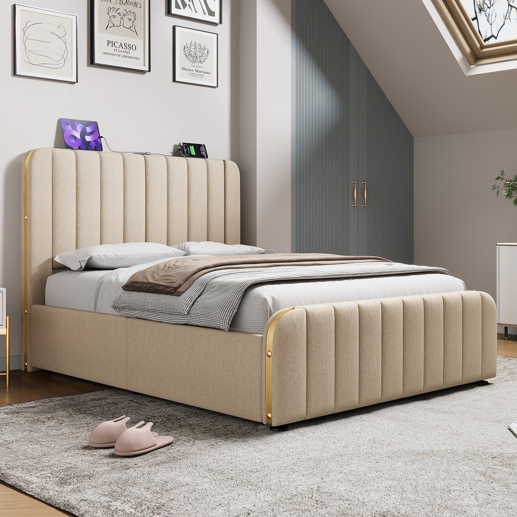 Logidon gestoffeerd bed 160x200 beige linnen met hoofdeinde gouden rand USB-C