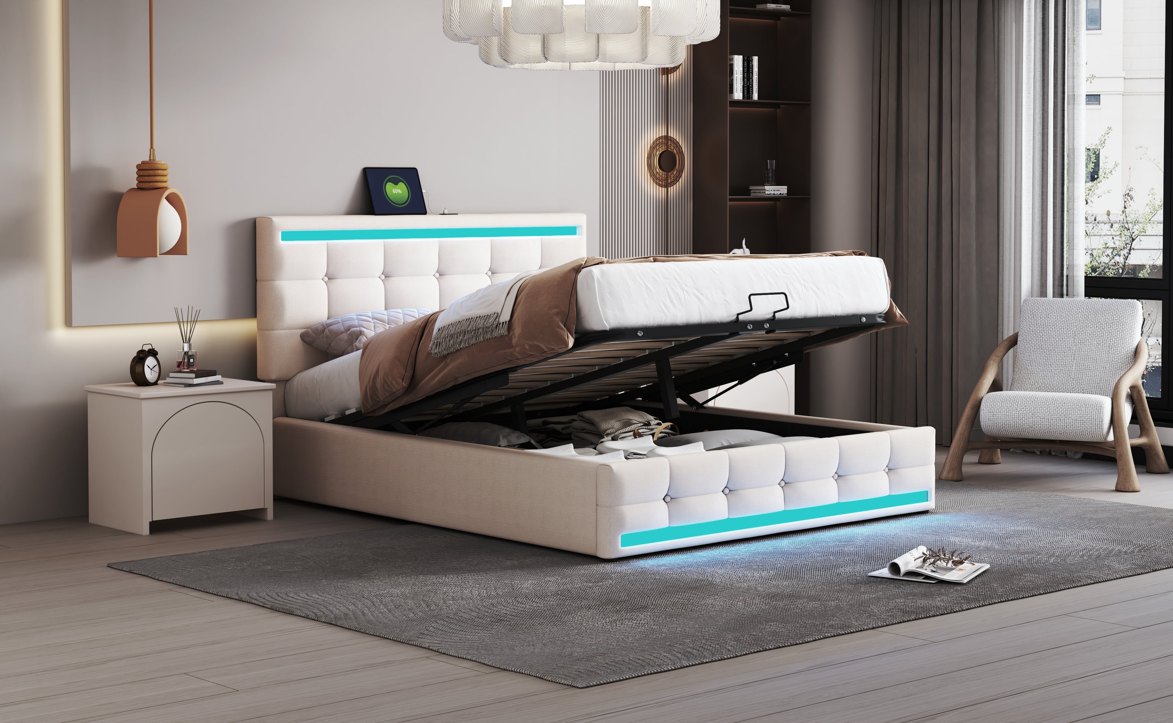 Logidon gestoffeerd bed 140x200 beige met LED verlichting en opbergruimte