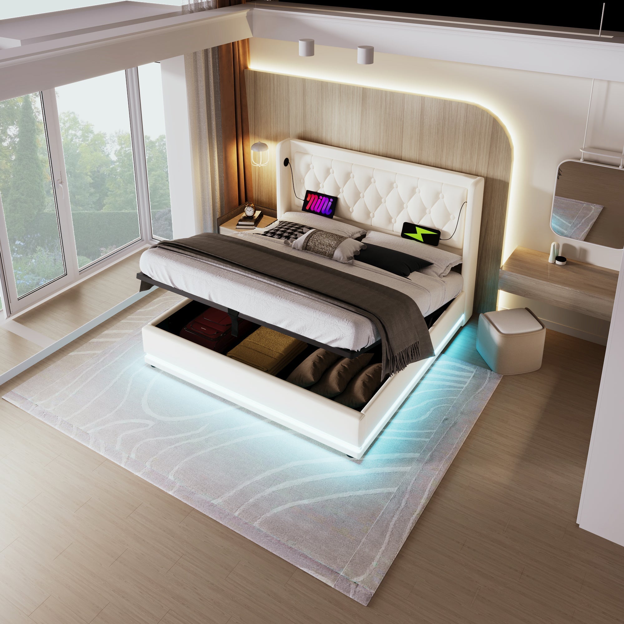 Logidon gestoffeerd bed 160x200 cm wit PU met USB Type C oplaadfunctie