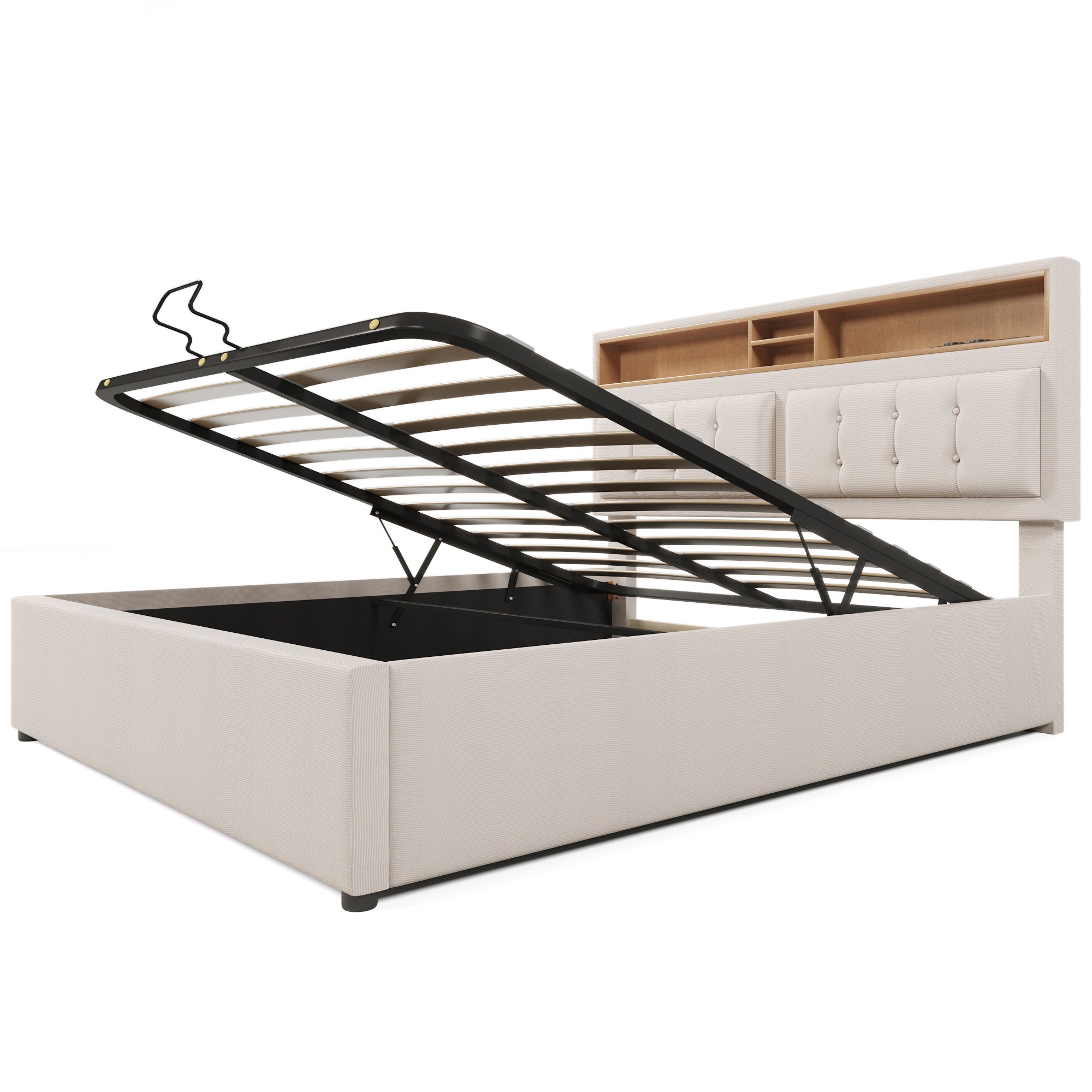 Logidon upholstered bed 140x200 with USB C charging function and storage space beige