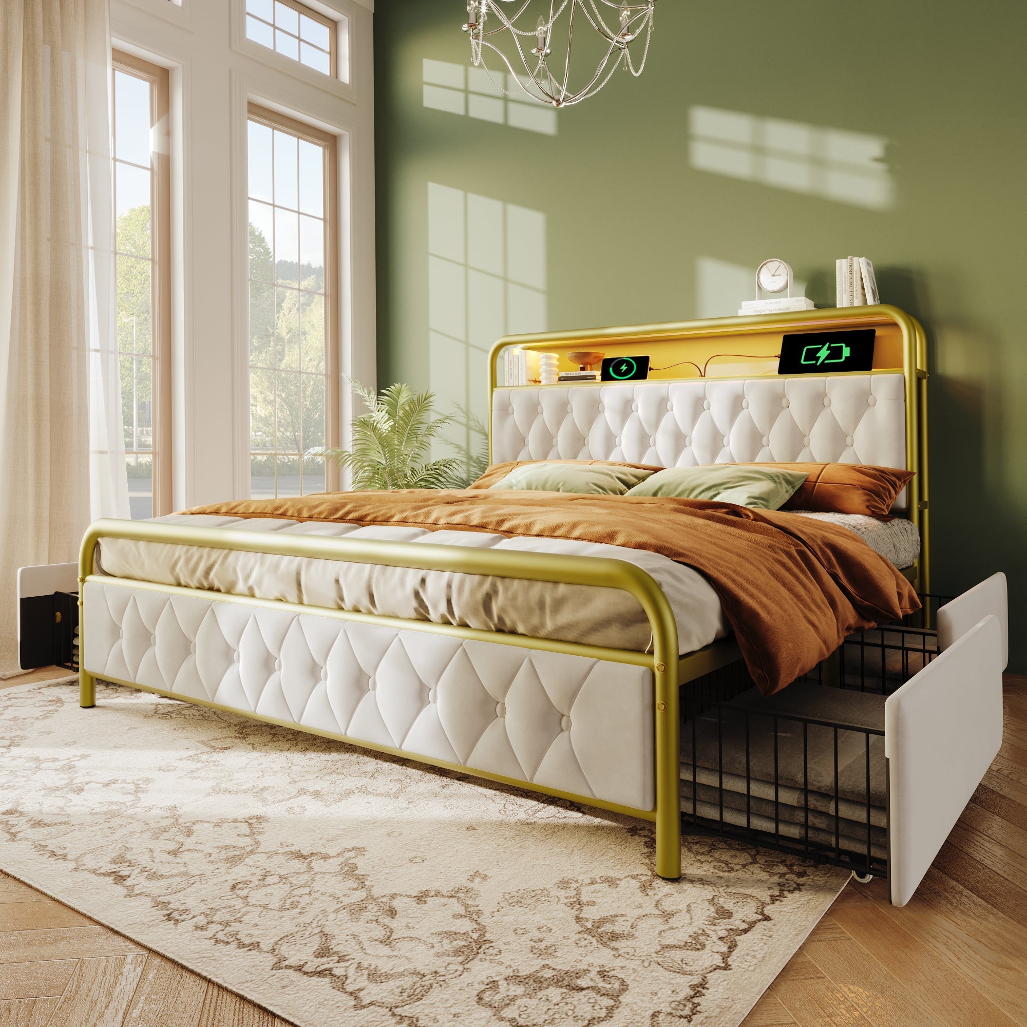 Logidon gestoffeerd bed 140x200 wit fluweel USB Type C oplaadfunctie