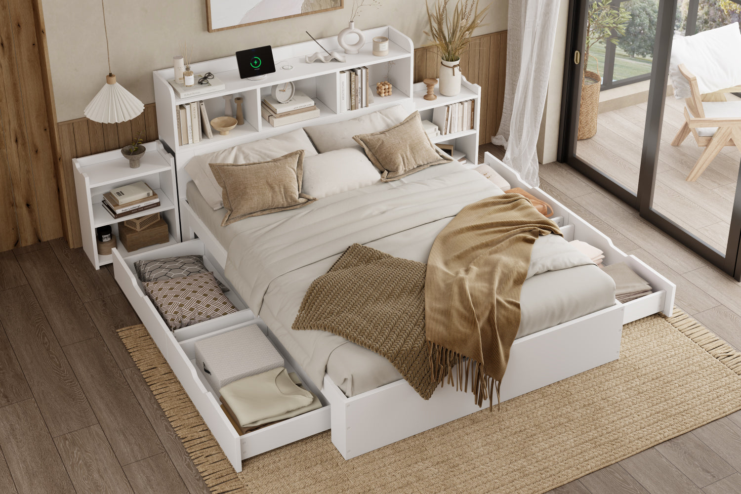Logidon tweepersoonsbed 140x200 wit met lattenbodem uitschuifbare nachtkastjes