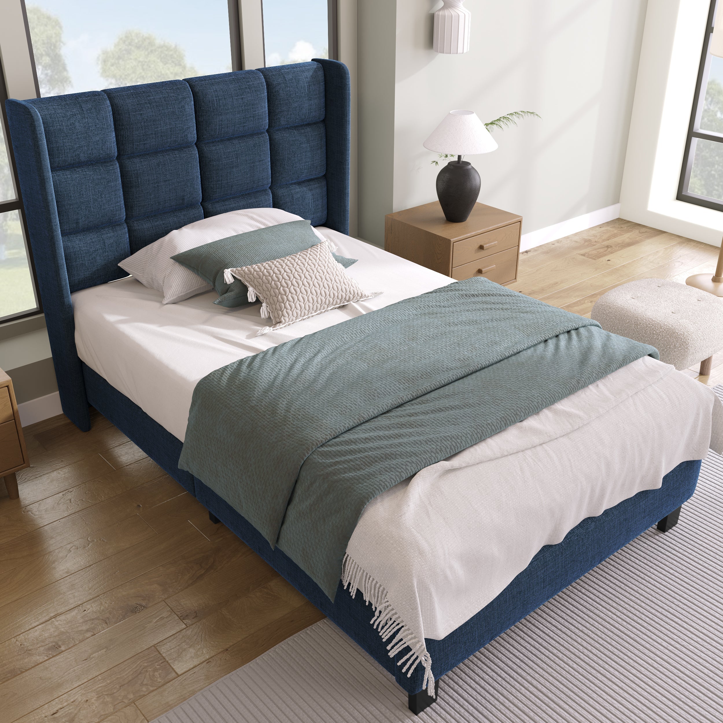 Logidon gestoffeerd bed 90x200 blauw linnen met gecapitonneerd hoofdeinde