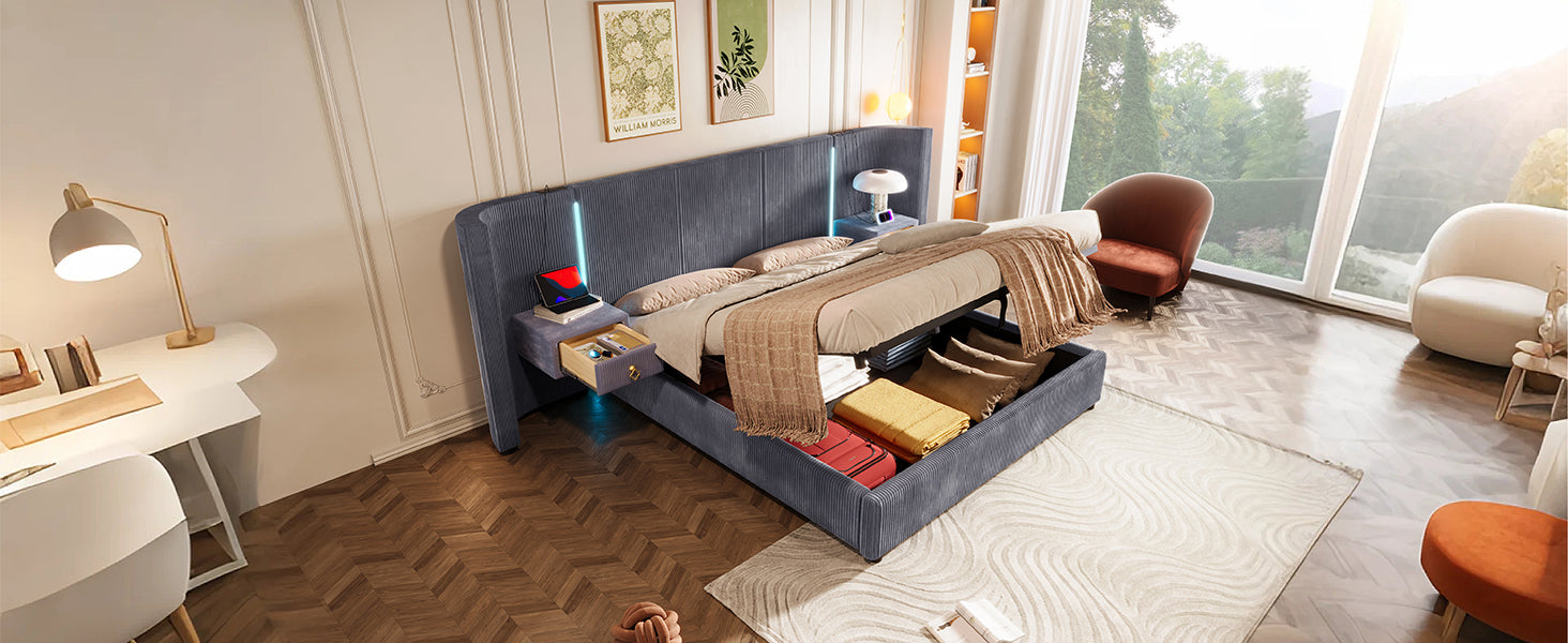 Logidon upholstered bed 180x200 cm gray velvet with LED strip storage space
