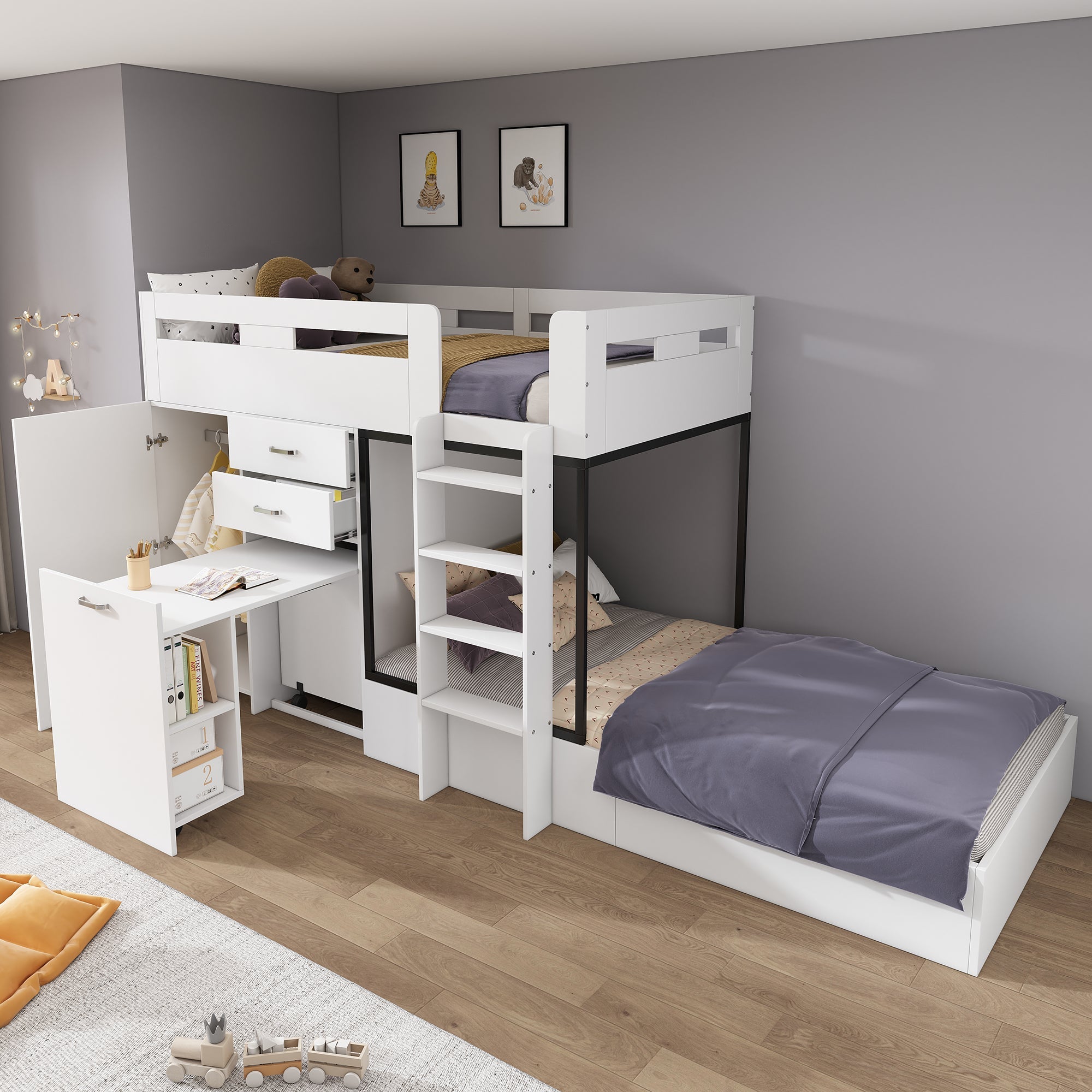 Logidon stapelbed met uitschuifbaar bureau en kledingkast wit 90x200