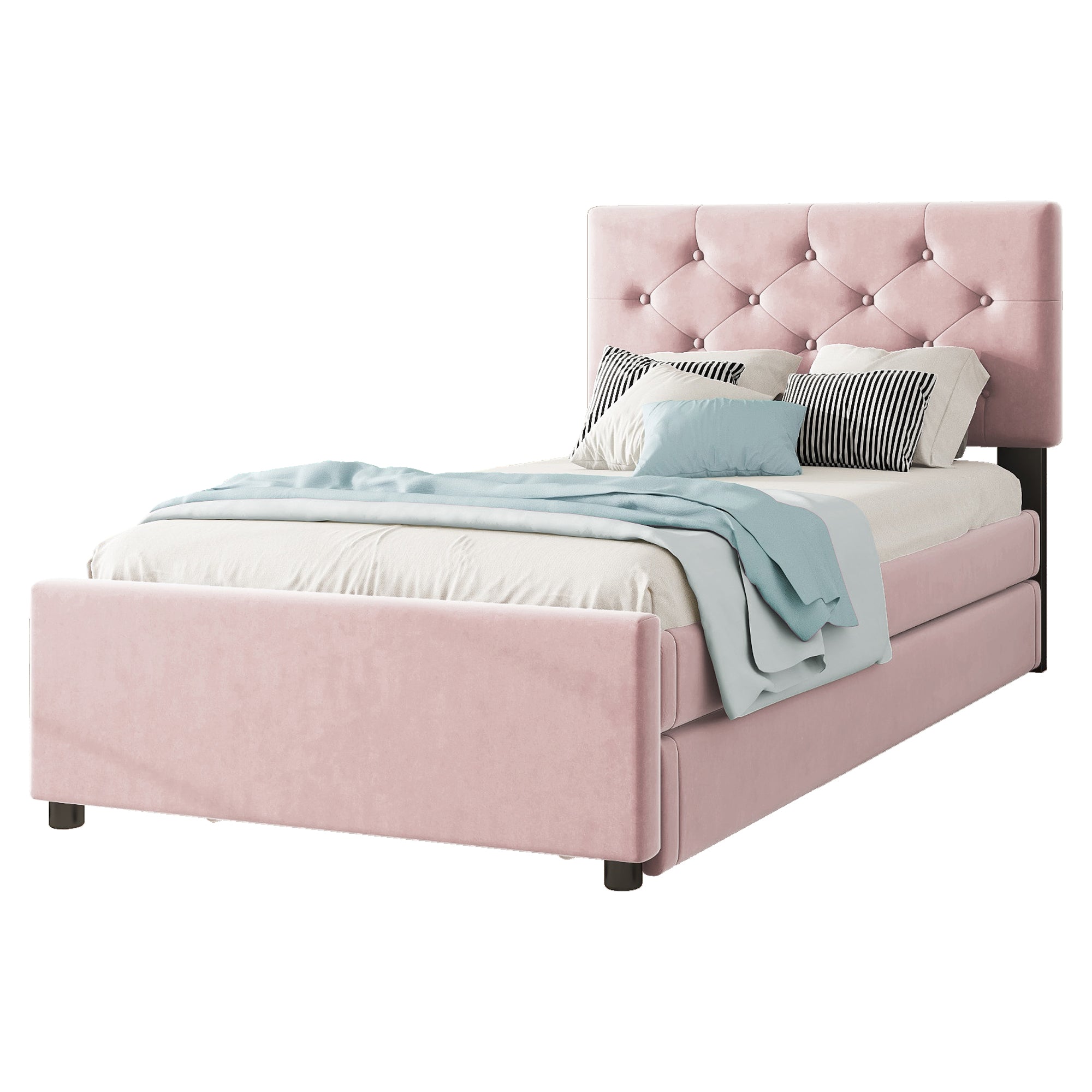 Logidon gestoffeerd bed 90x200 roze fluweel met rolcontainer