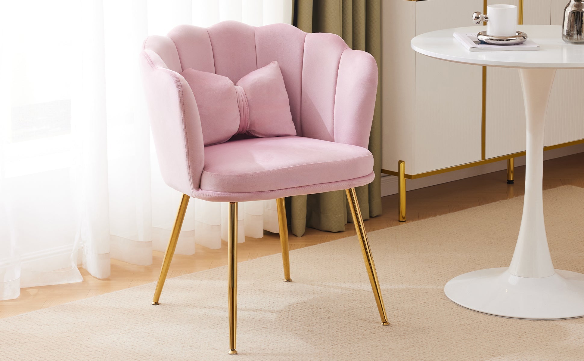 Logidon Set of 4 Pink Velvet Chairs with Petal Backs and Gold Legs