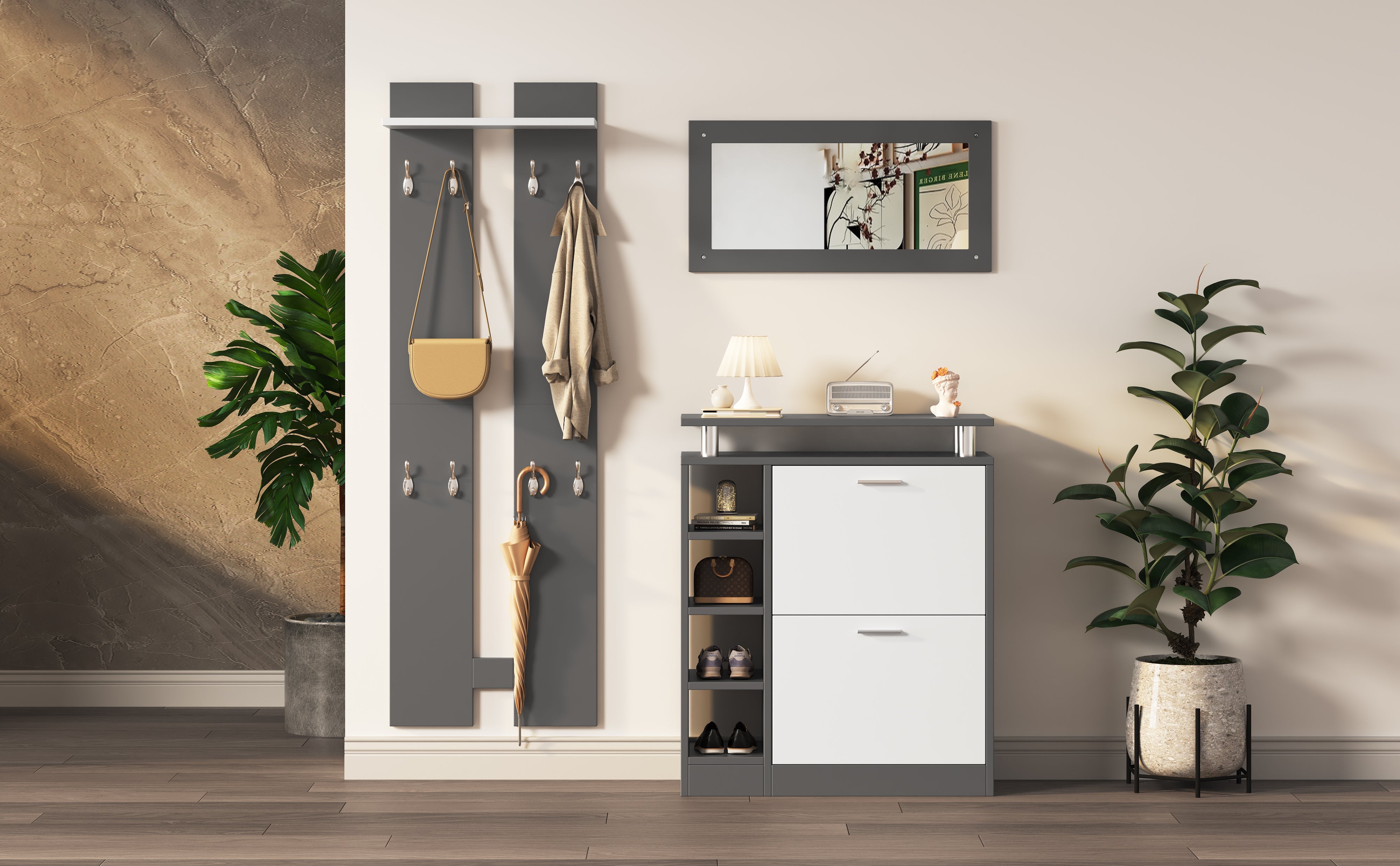 Logidon wandkapstokset 80 x 25 x 96,5 cm grijs witte spiegel
