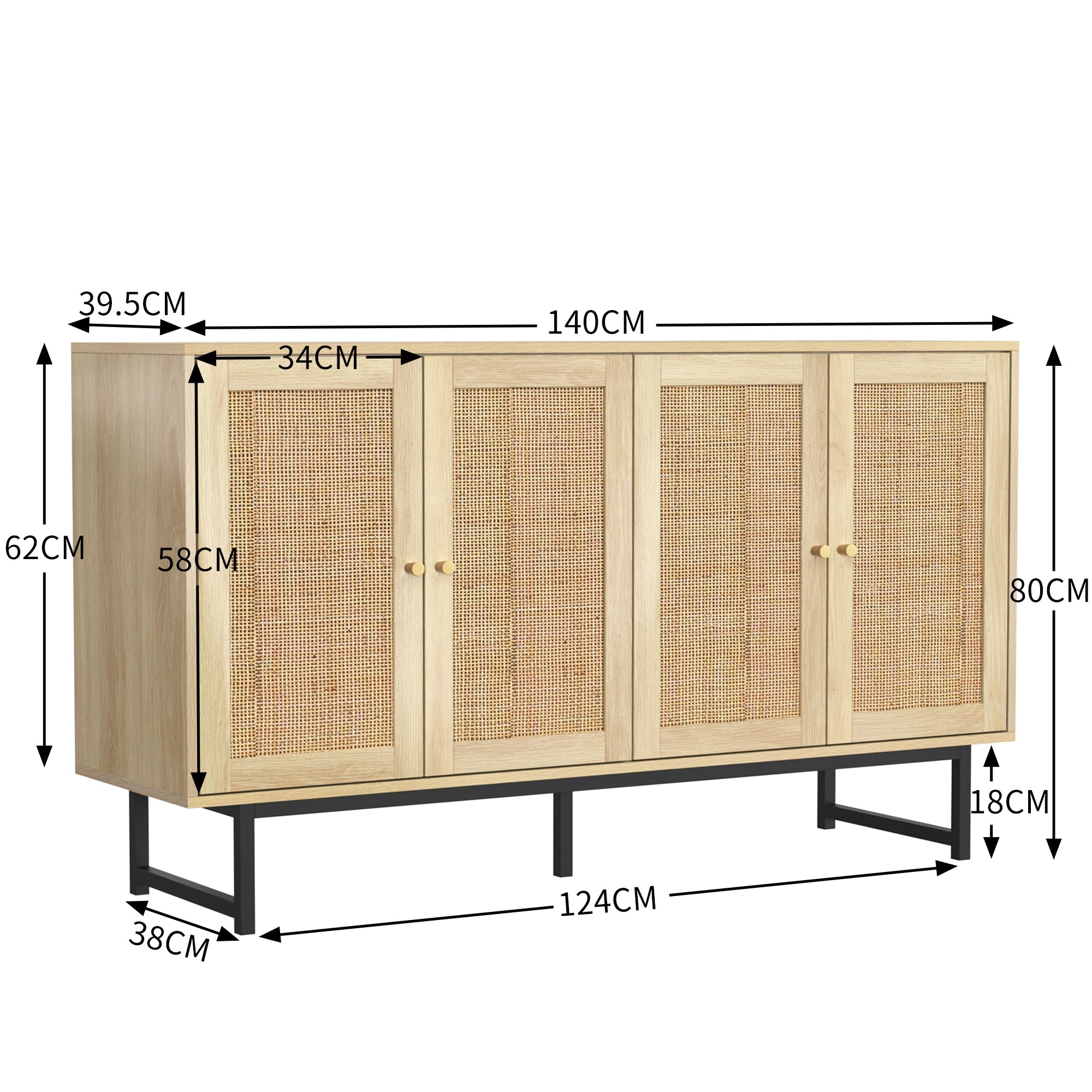 Logidon dressoir 140x39,5x80 cm met echt rattengaas 4 deuren
