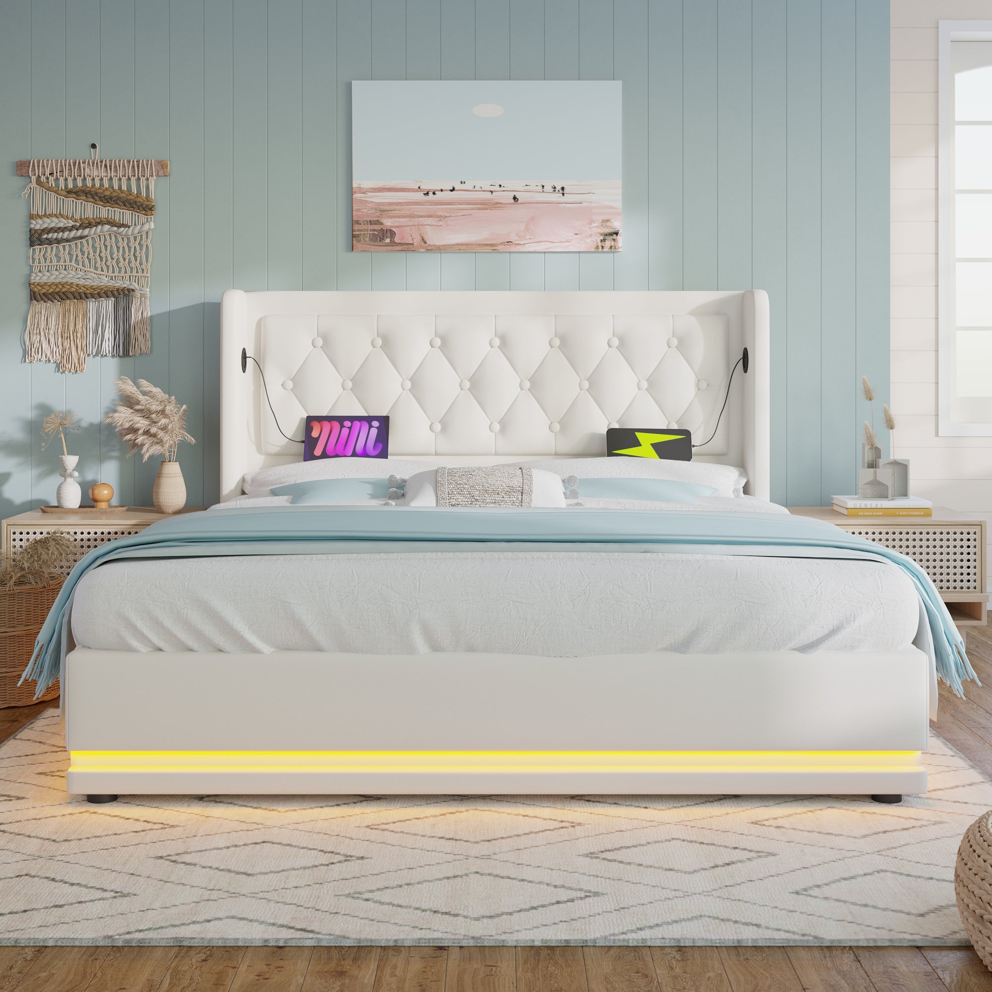 Logidon upholstered bed 160x200 cm white PU with USB C charging function storage space