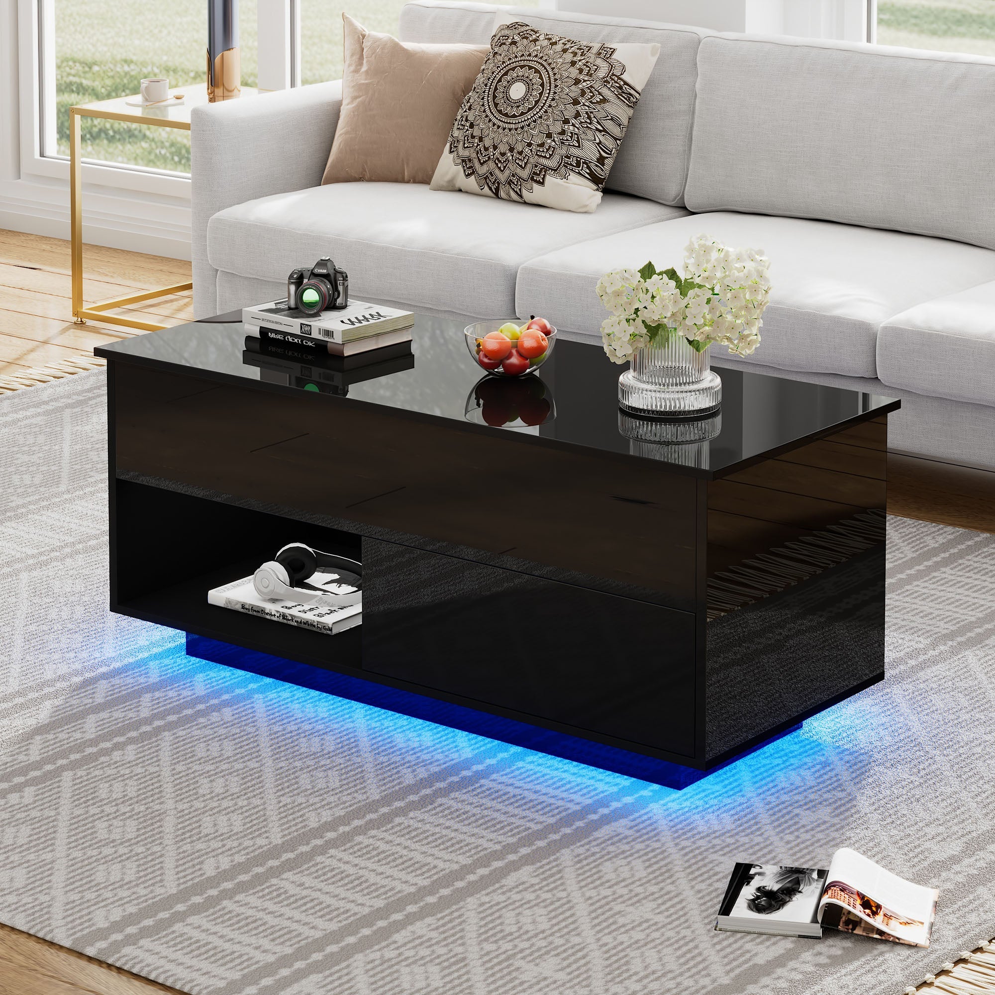 Logidon hoogglans salontafel 100x50x55 cm zwart LED-verlichting