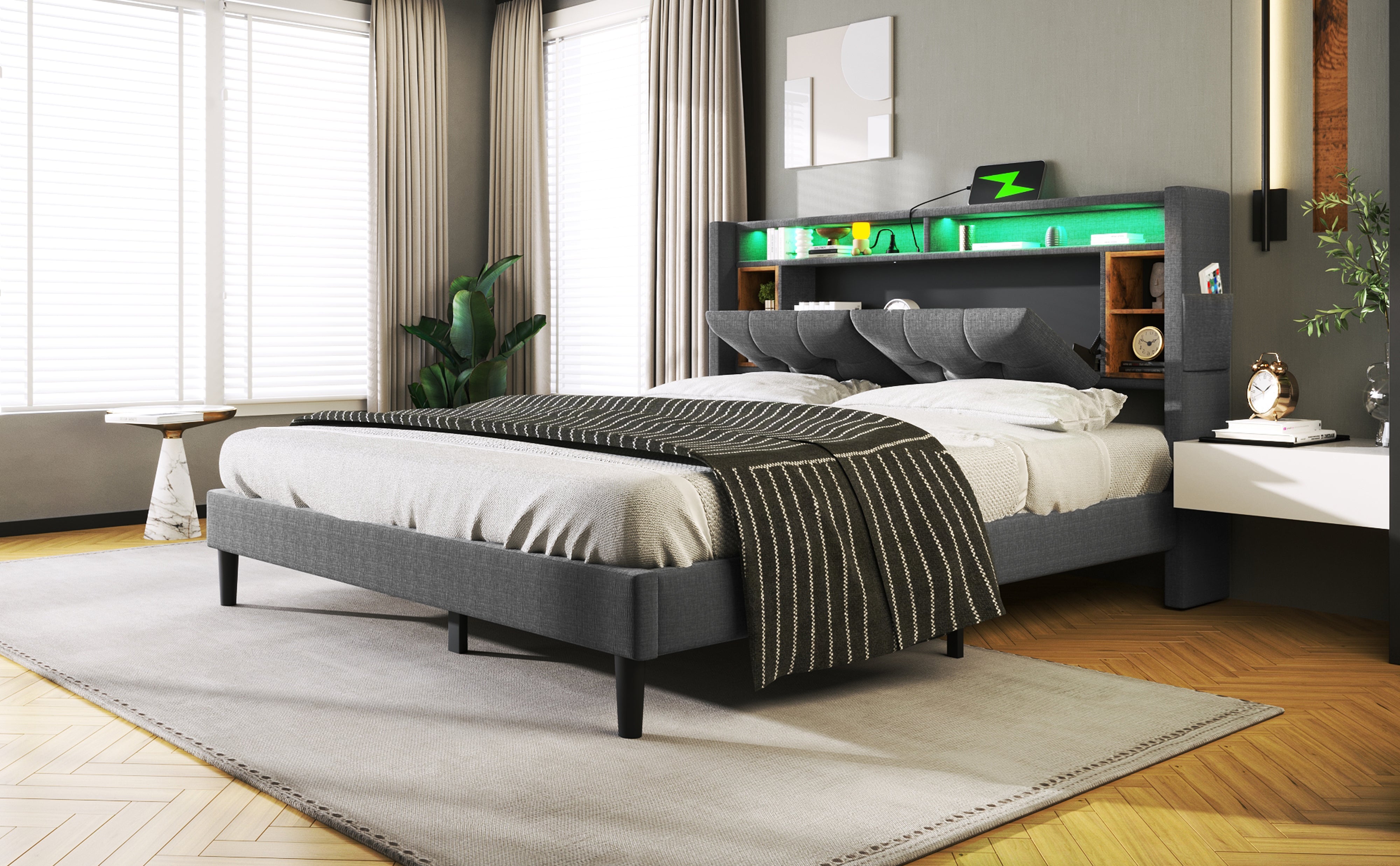 Logidon gestoffeerd bed tweepersoonsbed opbergruimte hoofdbord USB LED grijs 140x200