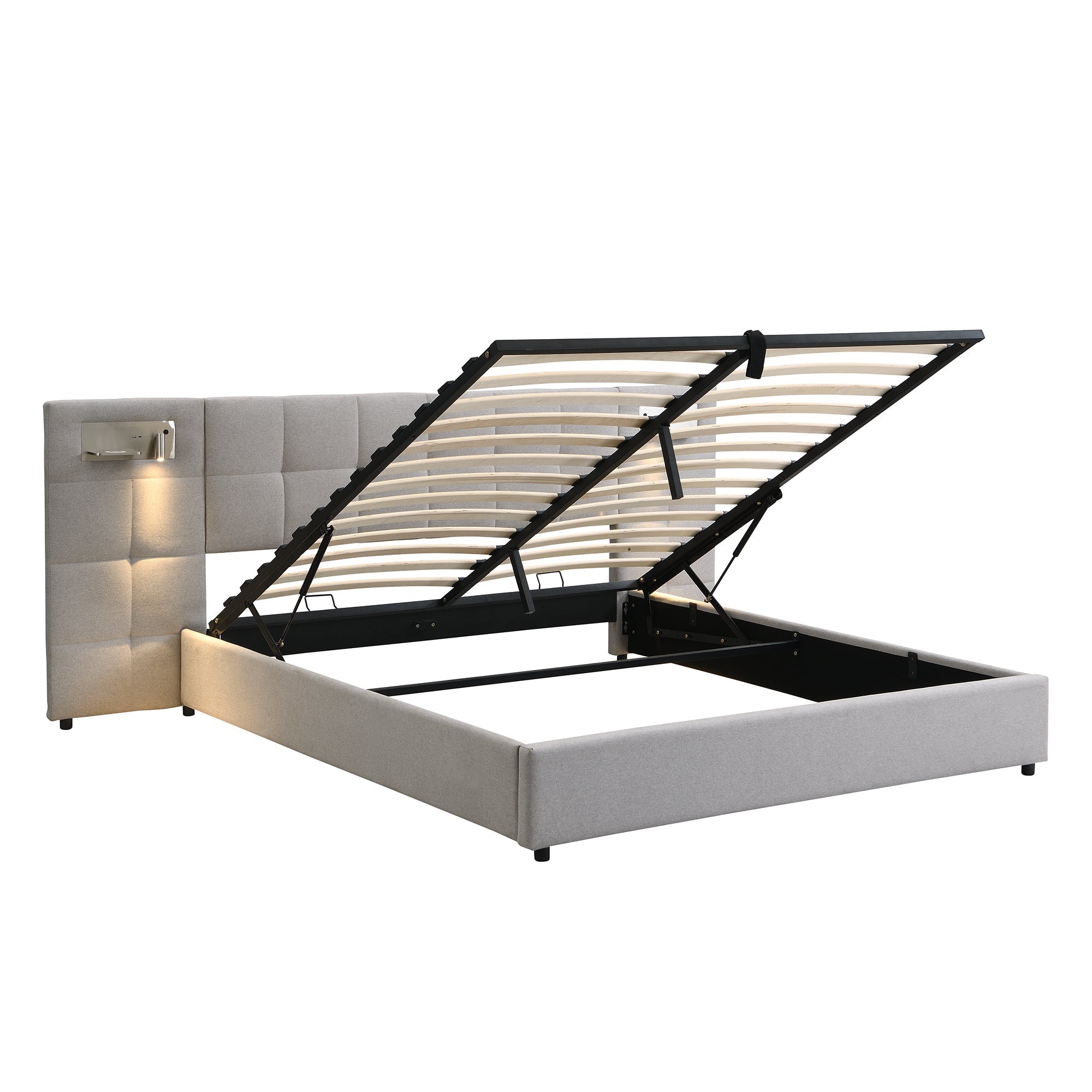 Logidon gestoffeerd bed 180x200 cm grijs hydraulisch bed USB-licht opbergruimte