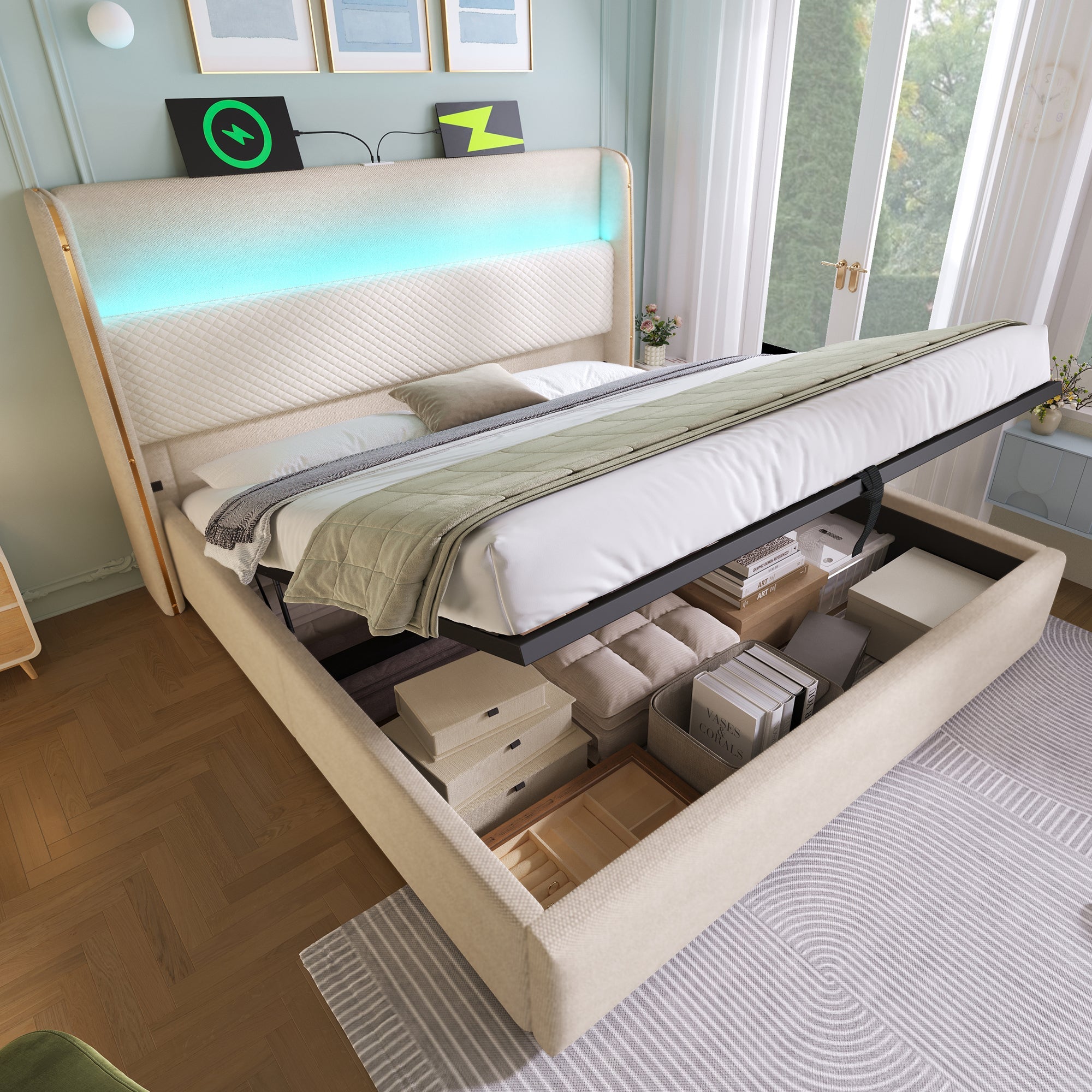 Logidon hydraulisch bed 140x200 beige linnenlook met LED